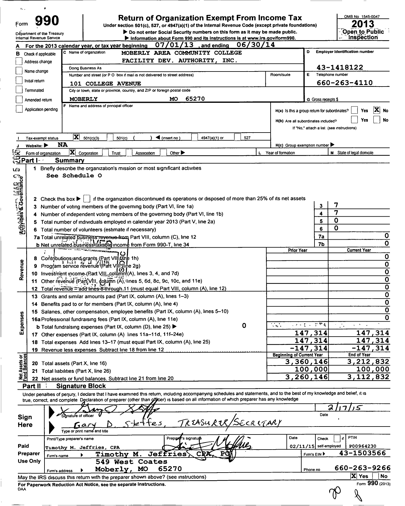 Image of first page of 2013 Form 990 for Moberly Area Community College Facility Development Authority