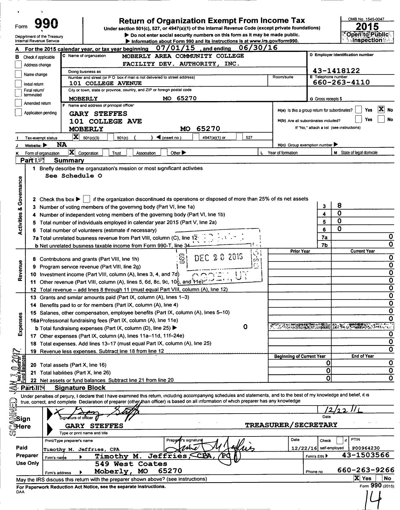 Image of first page of 2015 Form 990 for Moberly Area Community College Facility Dev Authority