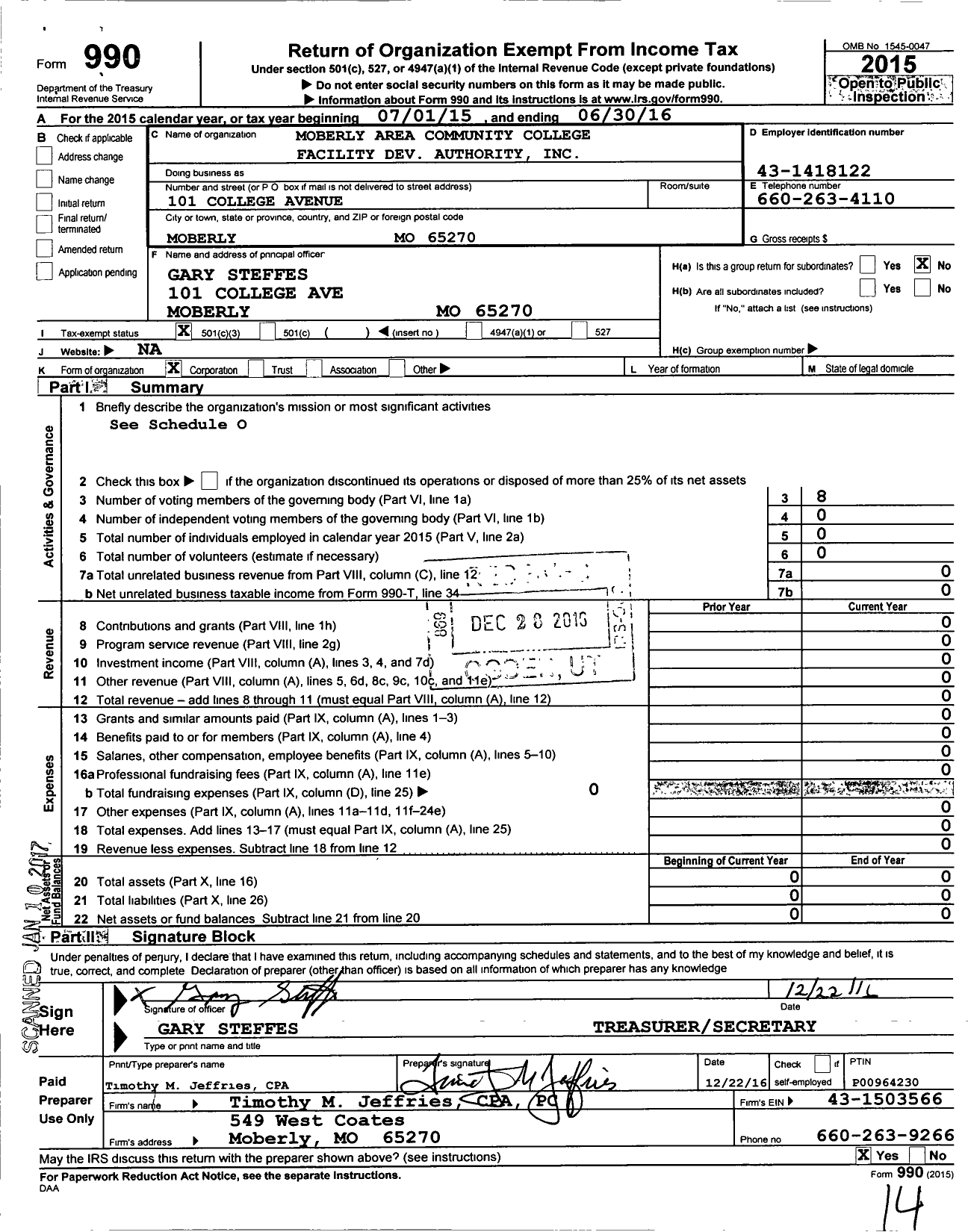 Image of first page of 2015 Form 990 for Moberly Area Community College Facility Development Authority