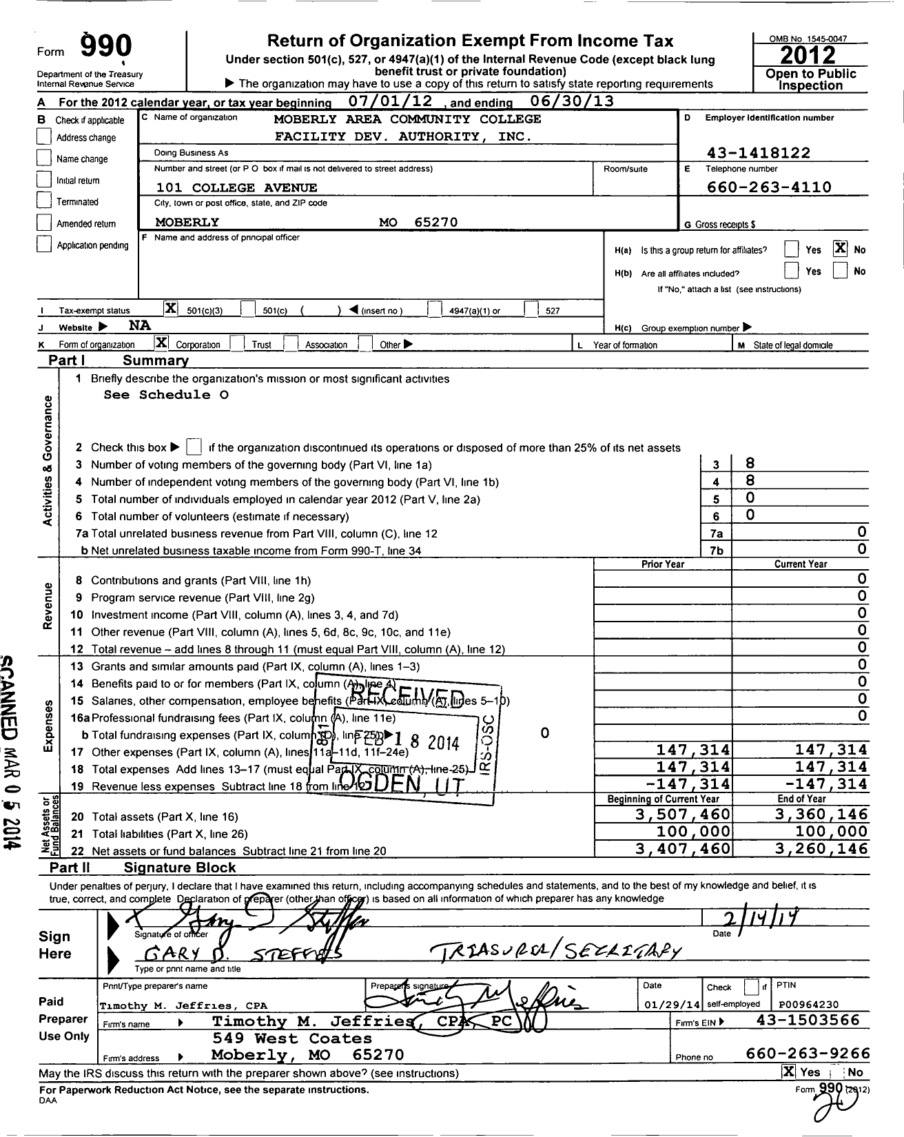 Image of first page of 2012 Form 990 for Moberly Area Community College Facility Development Authority