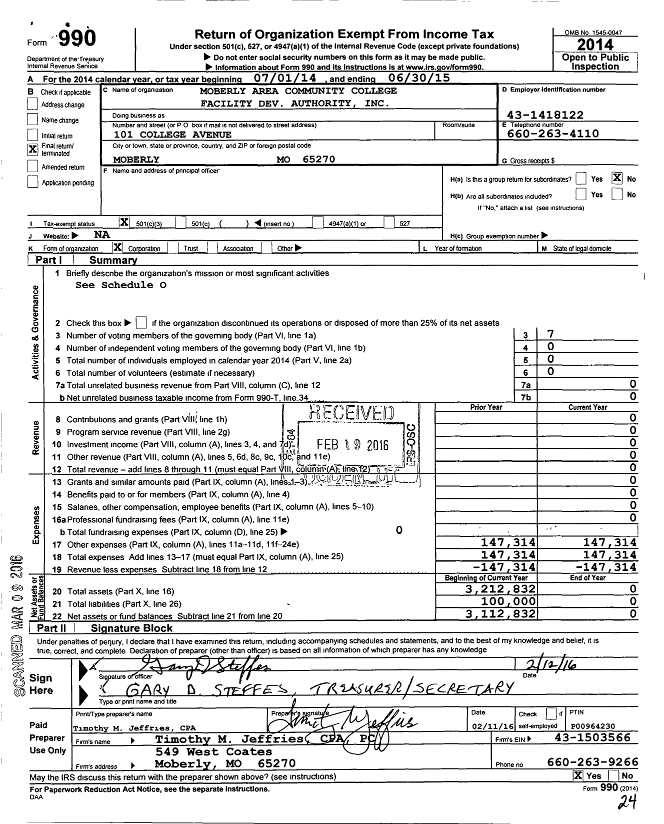 Image of first page of 2014 Form 990 for Moberly Area Community College Facility Dev Authority