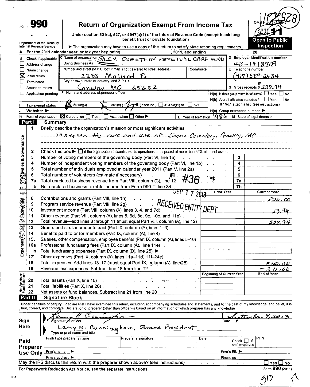 Image of first page of 2011 Form 990O for Salem Cemetery Perpetual Care Fund