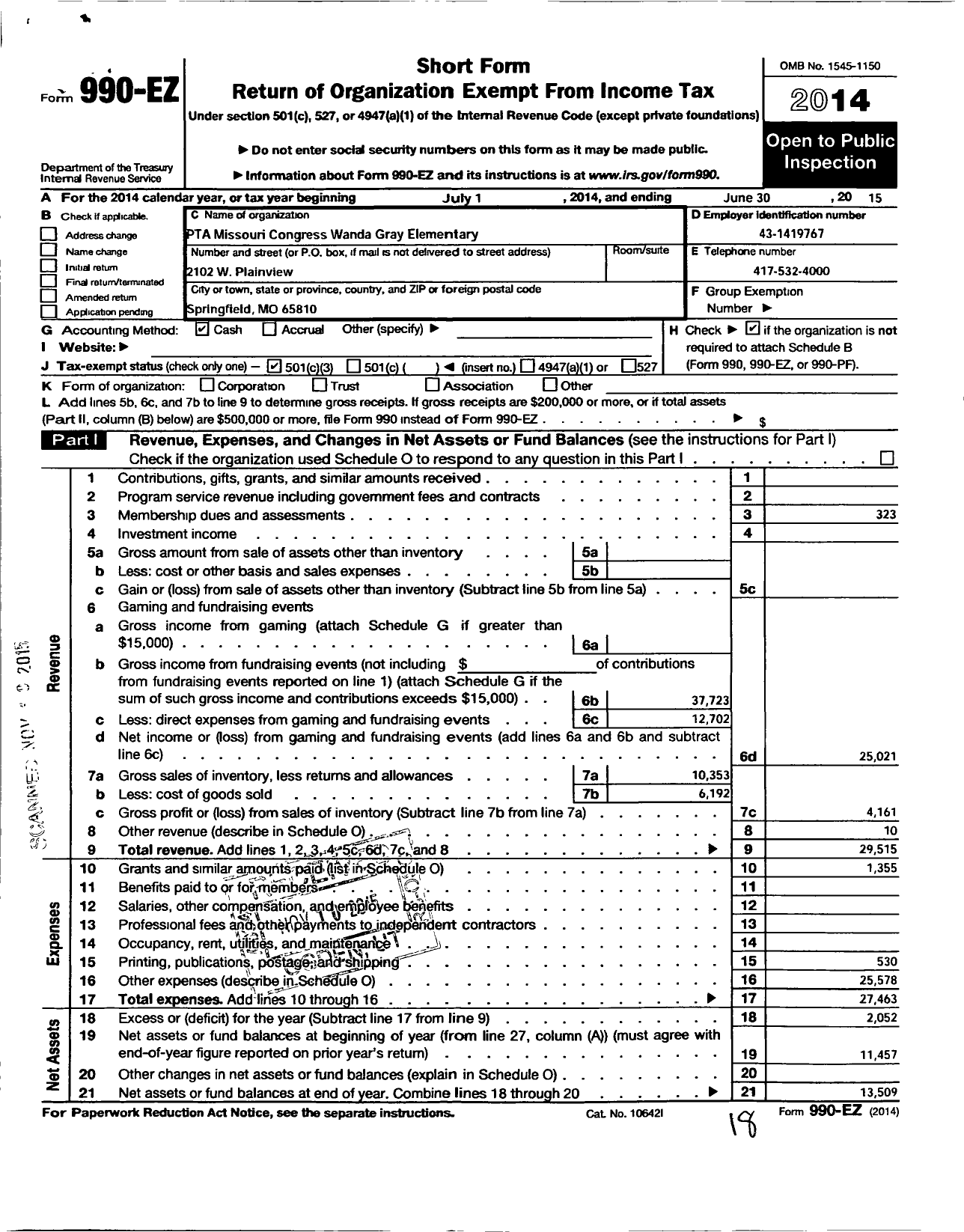 Image of first page of 2014 Form 990EZ for PTA Missouri Congress / Wanda Gray Elementary PTA