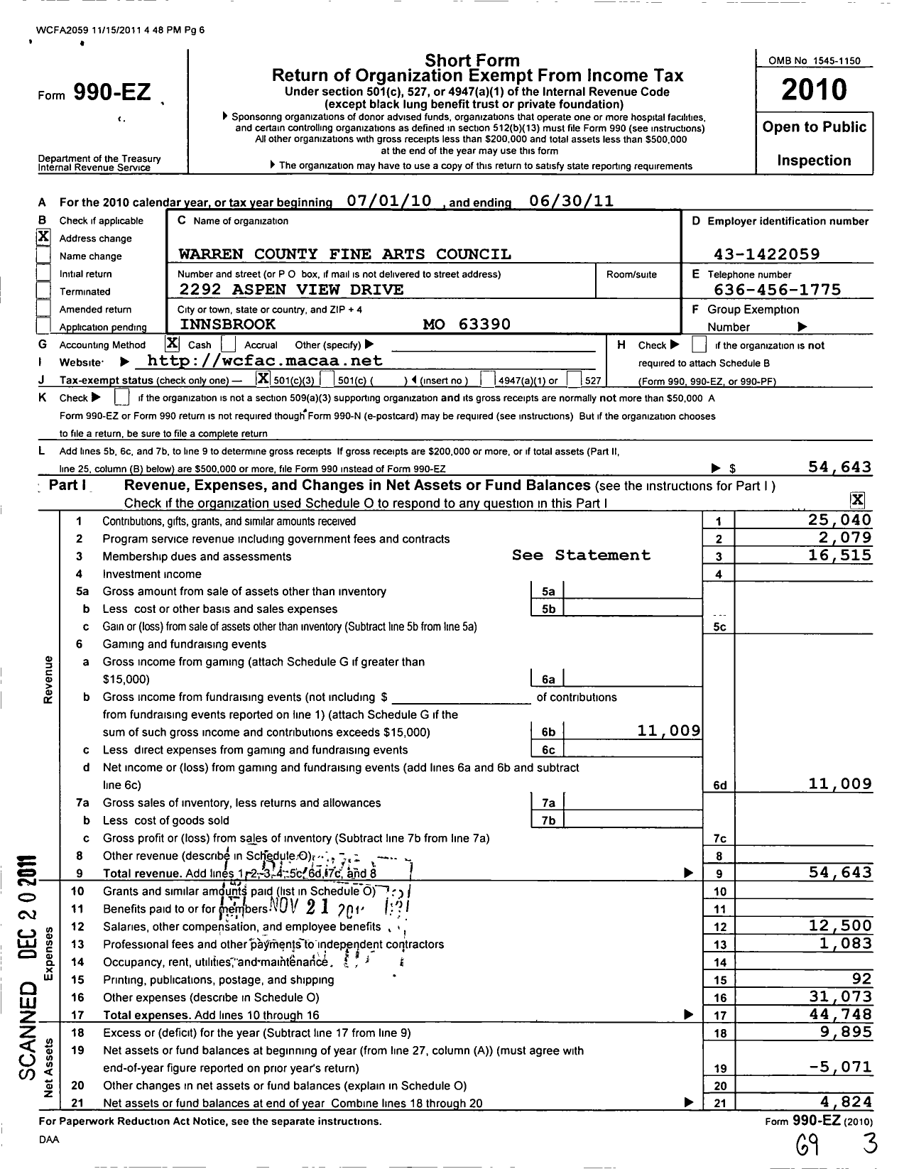 Image of first page of 2010 Form 990EZ for Warren County Fine Arts Council