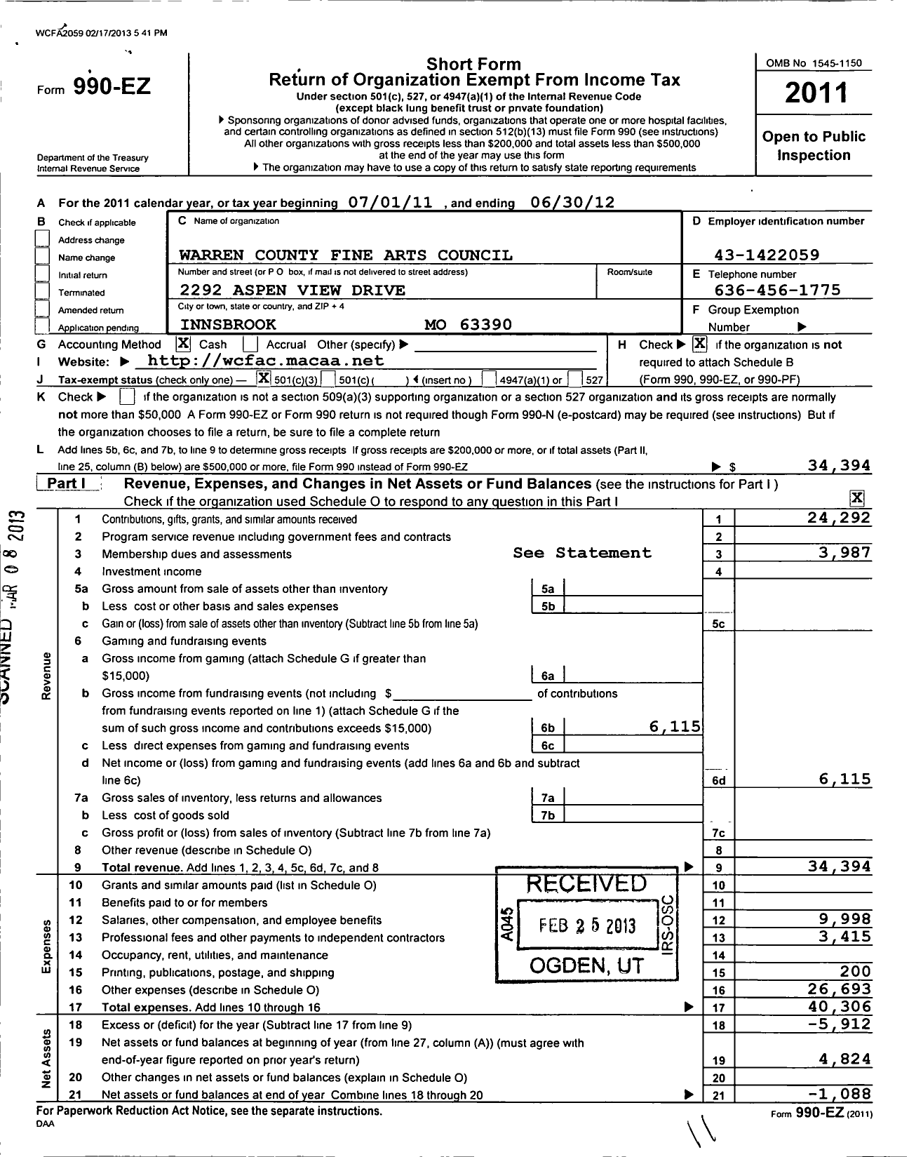 Image of first page of 2011 Form 990EZ for Warren County Fine Arts Council