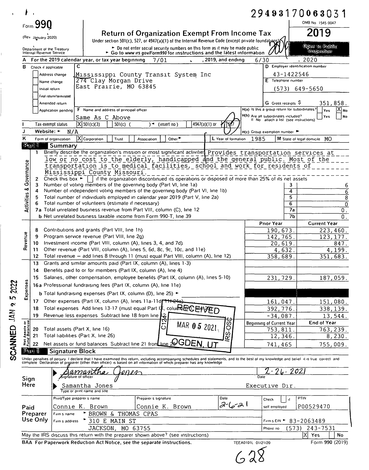 Image of first page of 2019 Form 990 for Mississippi County Transit System