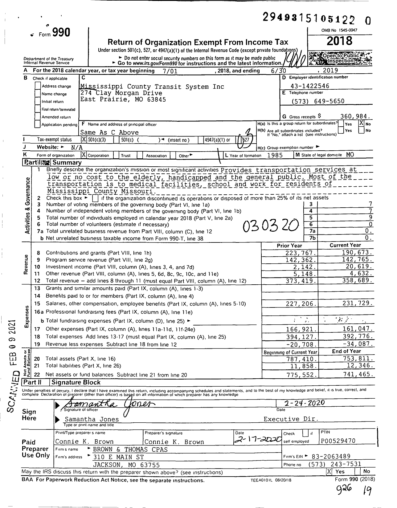 Image of first page of 2018 Form 990 for Mississippi County Transit System