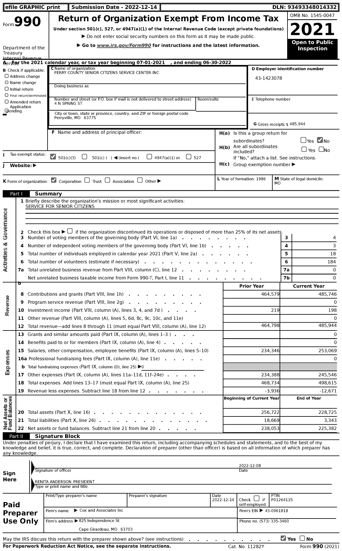 Image of first page of 2021 Form 990 for Perry County Senior Citizens Service Center
