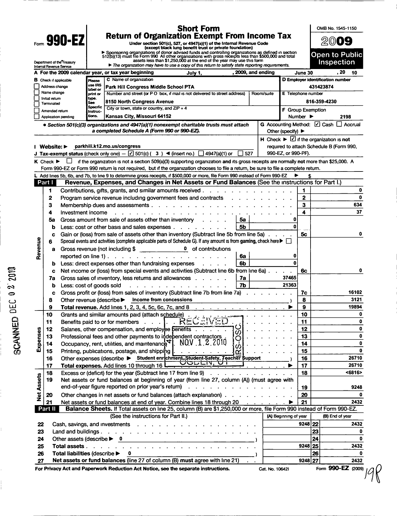 Image of first page of 2009 Form 990EZ for PTA Missouri Congress / Park Hill Congress Middle School PT