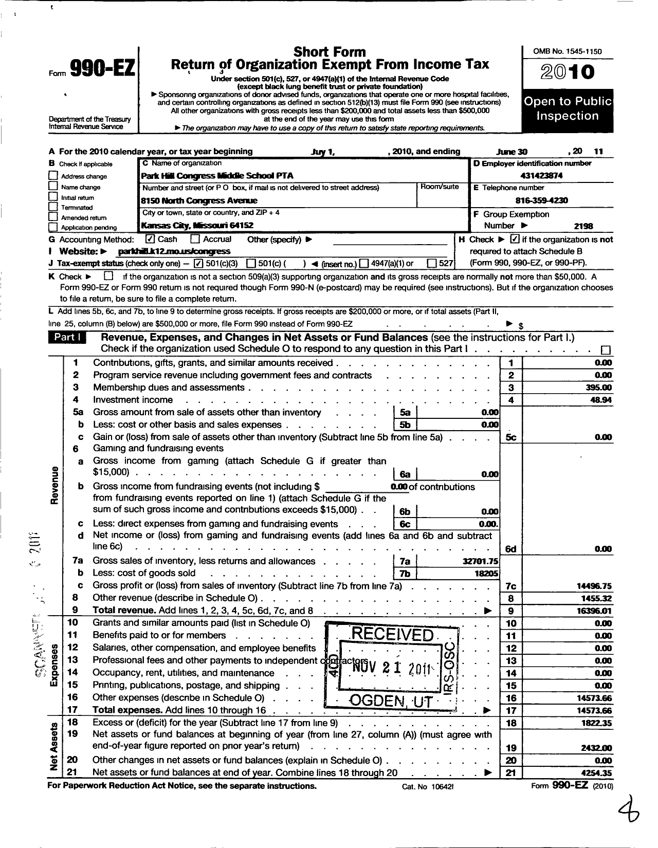 Image of first page of 2010 Form 990EZ for PTA Missouri Congress / Park Hill Congress Middle School PT