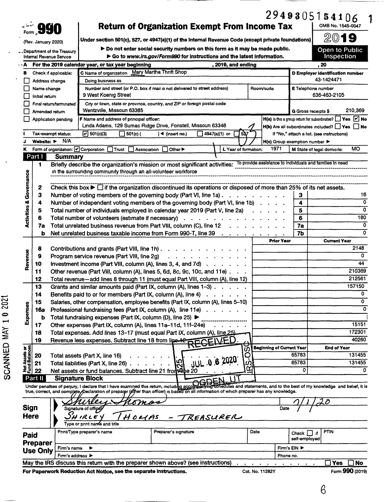 Image of first page of 2019 Form 990 for Mary Martha Thrift Shop
