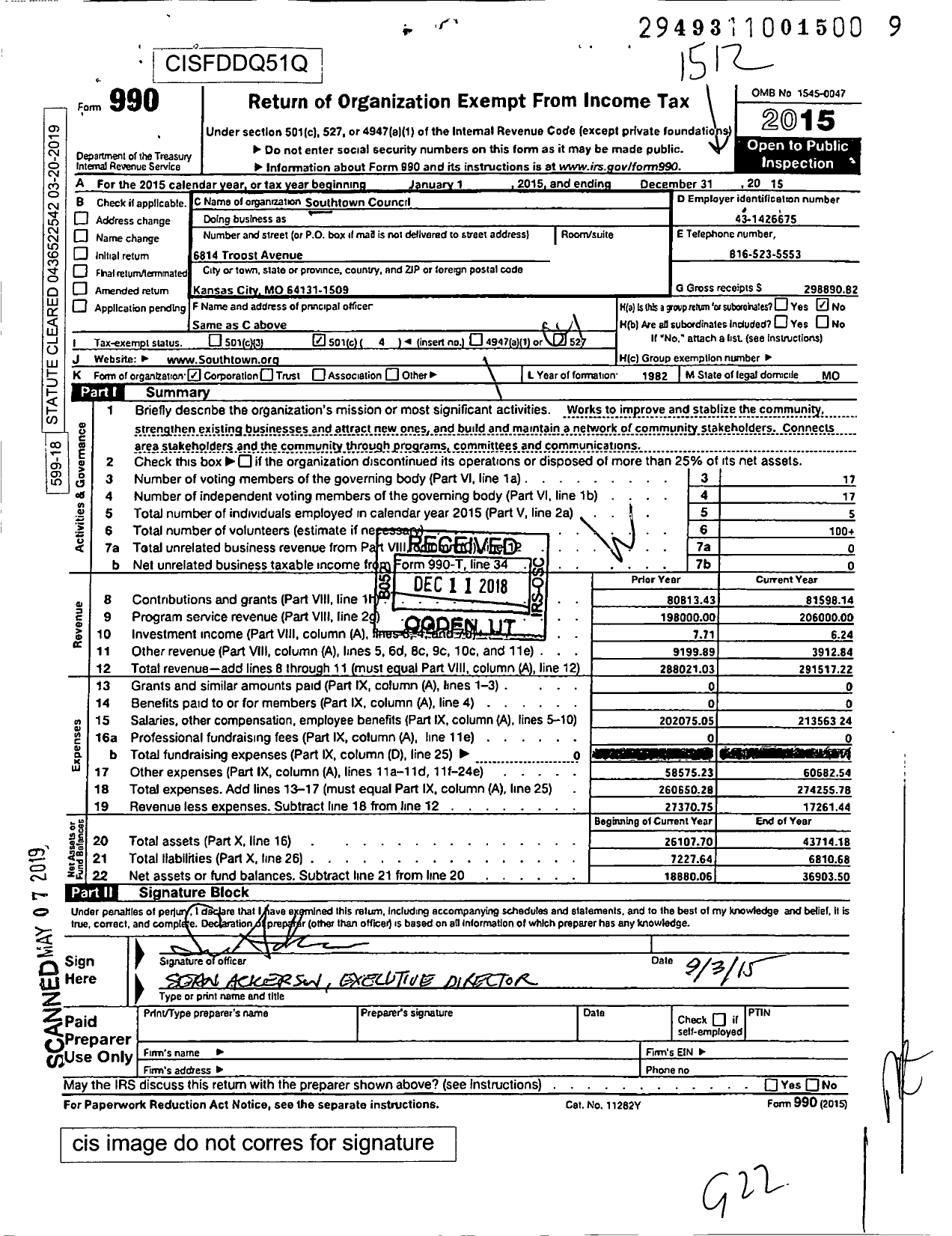 Image of first page of 2015 Form 990O for Southtown Council