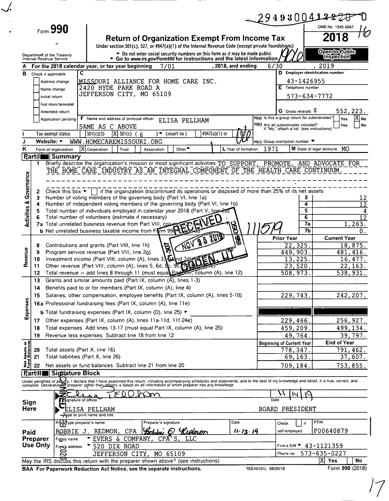 Image of first page of 2018 Form 990O for Missouri Alliance for Home Care