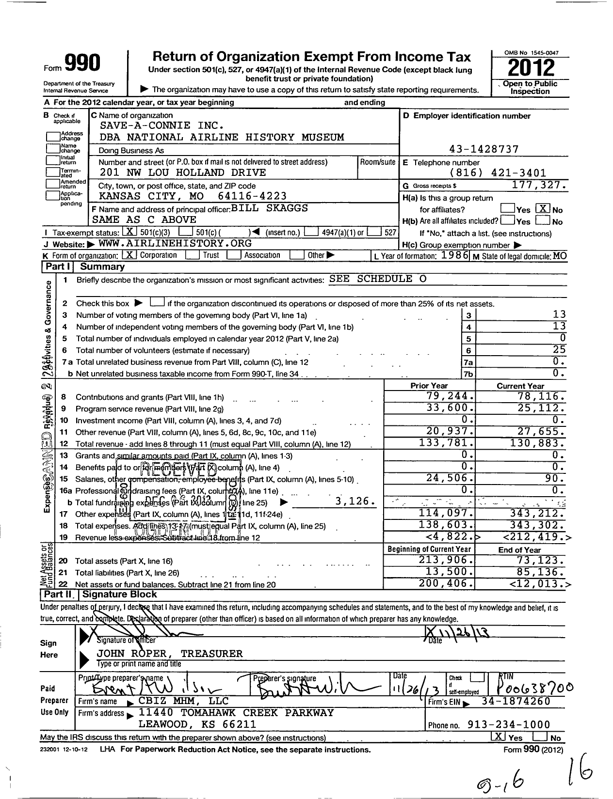 Image of first page of 2012 Form 990 for Save A Connie