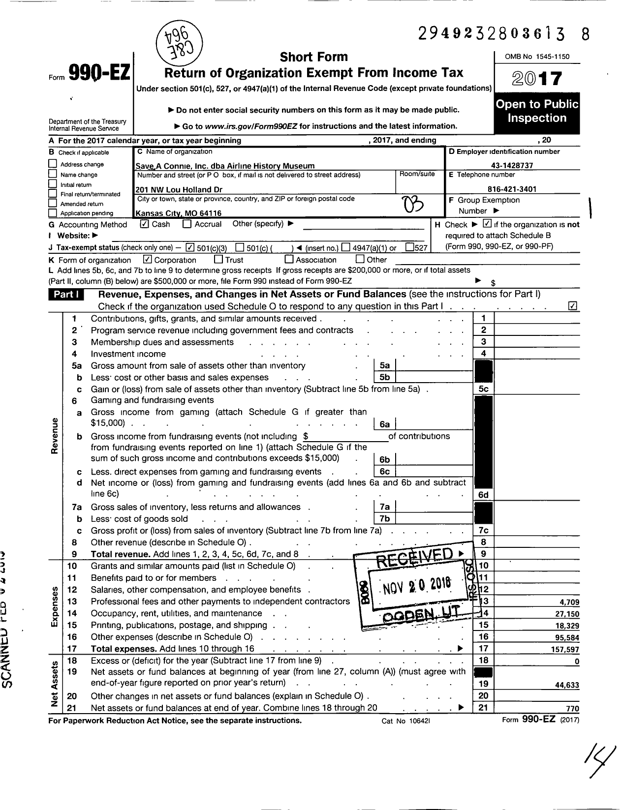 Image of first page of 2017 Form 990EZ for Save A Connie