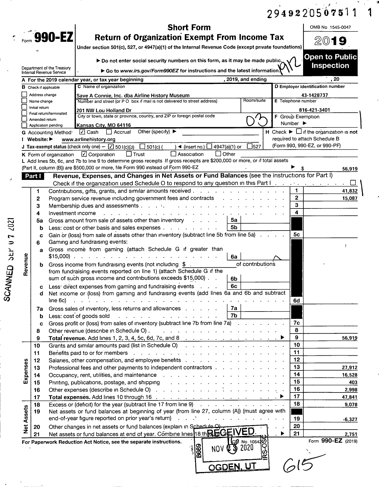 Image of first page of 2019 Form 990EZ for Save A Connie