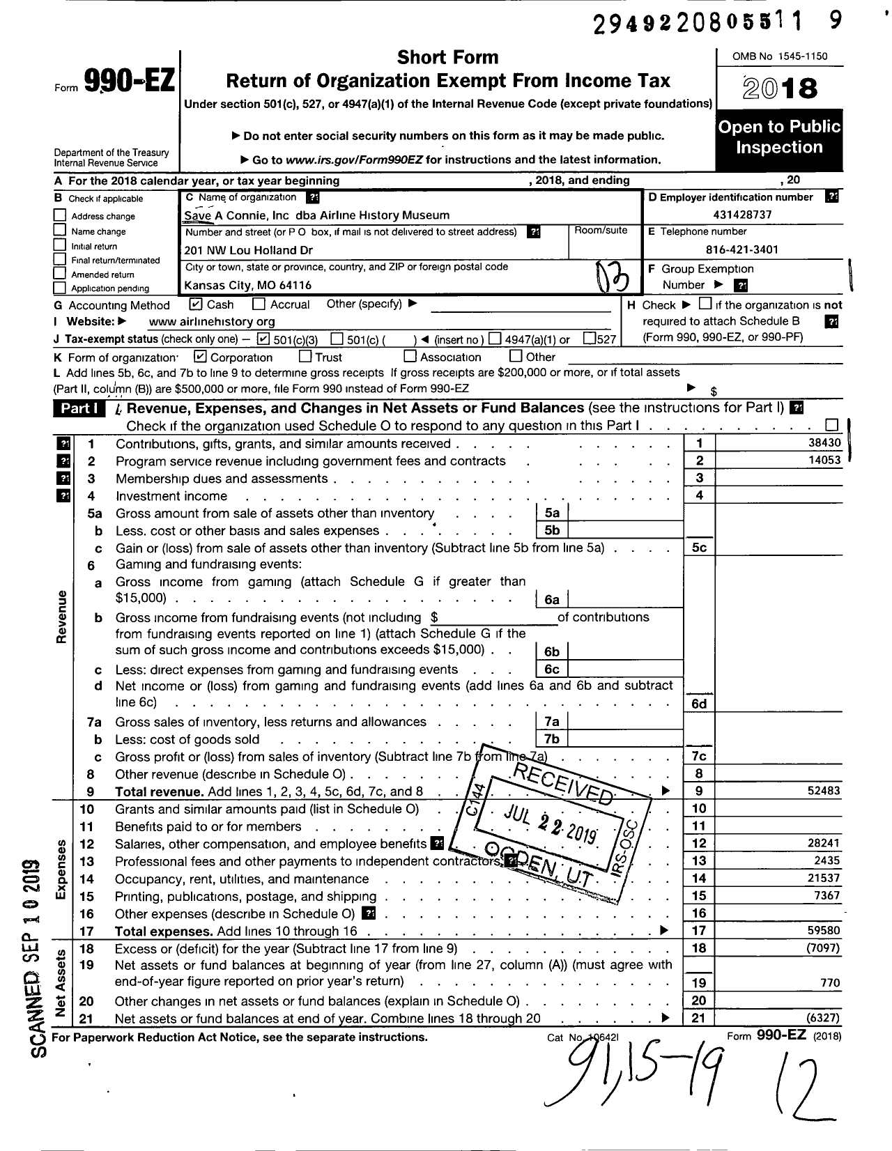 Image of first page of 2018 Form 990EZ for Save A Connie