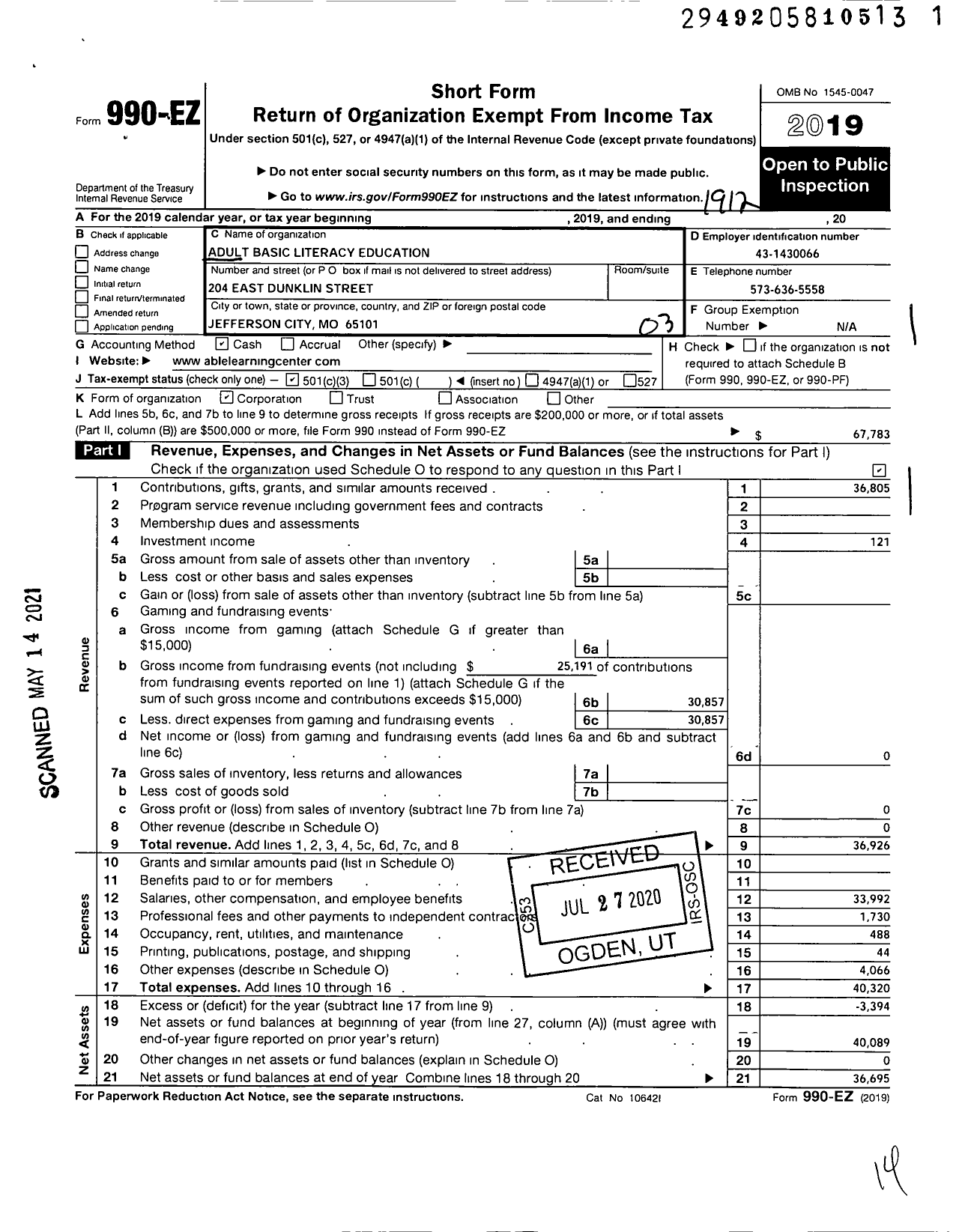 Image of first page of 2019 Form 990EZ for Adult Basic Literacy Education