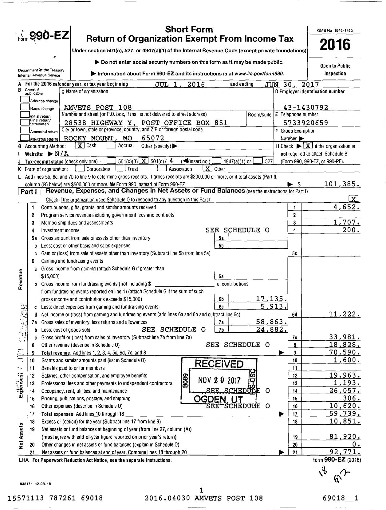 Image of first page of 2016 Form 990EO for Amvets - 0108-mo