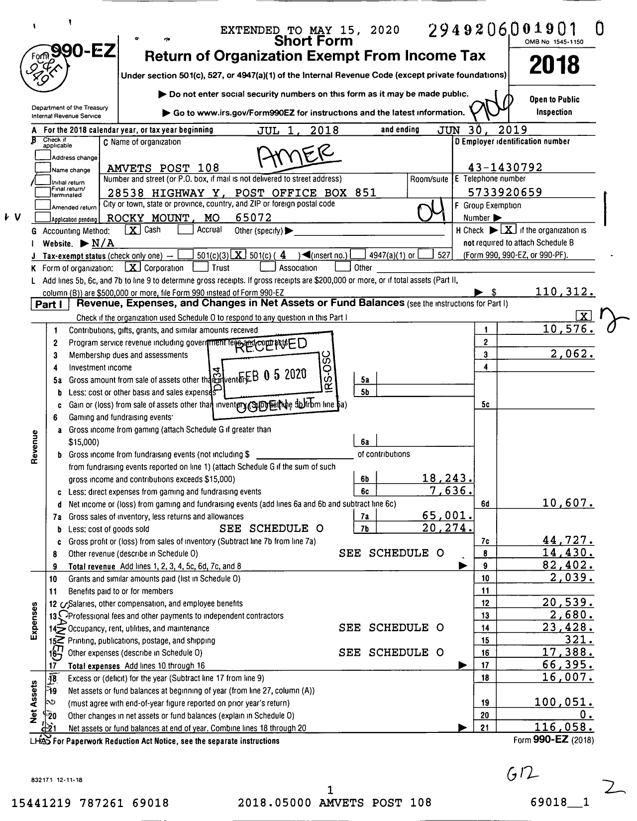 Image of first page of 2018 Form 990EO for Amvets - 0108-mo