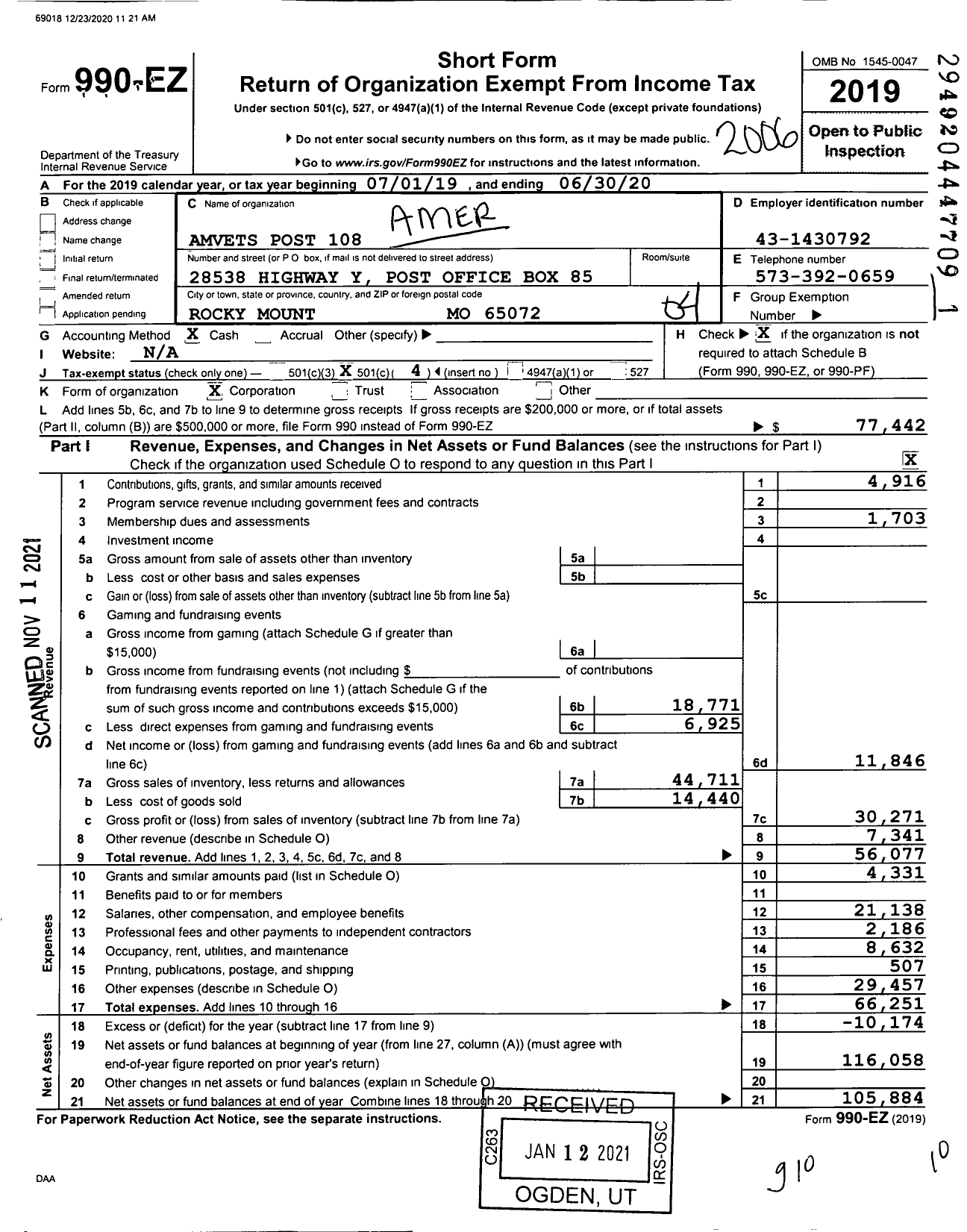 Image of first page of 2019 Form 990EO for Amvets - 0108-mo