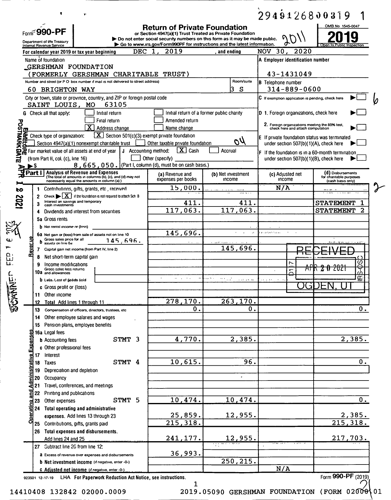 Image of first page of 2019 Form 990PF for Gershman Foundation