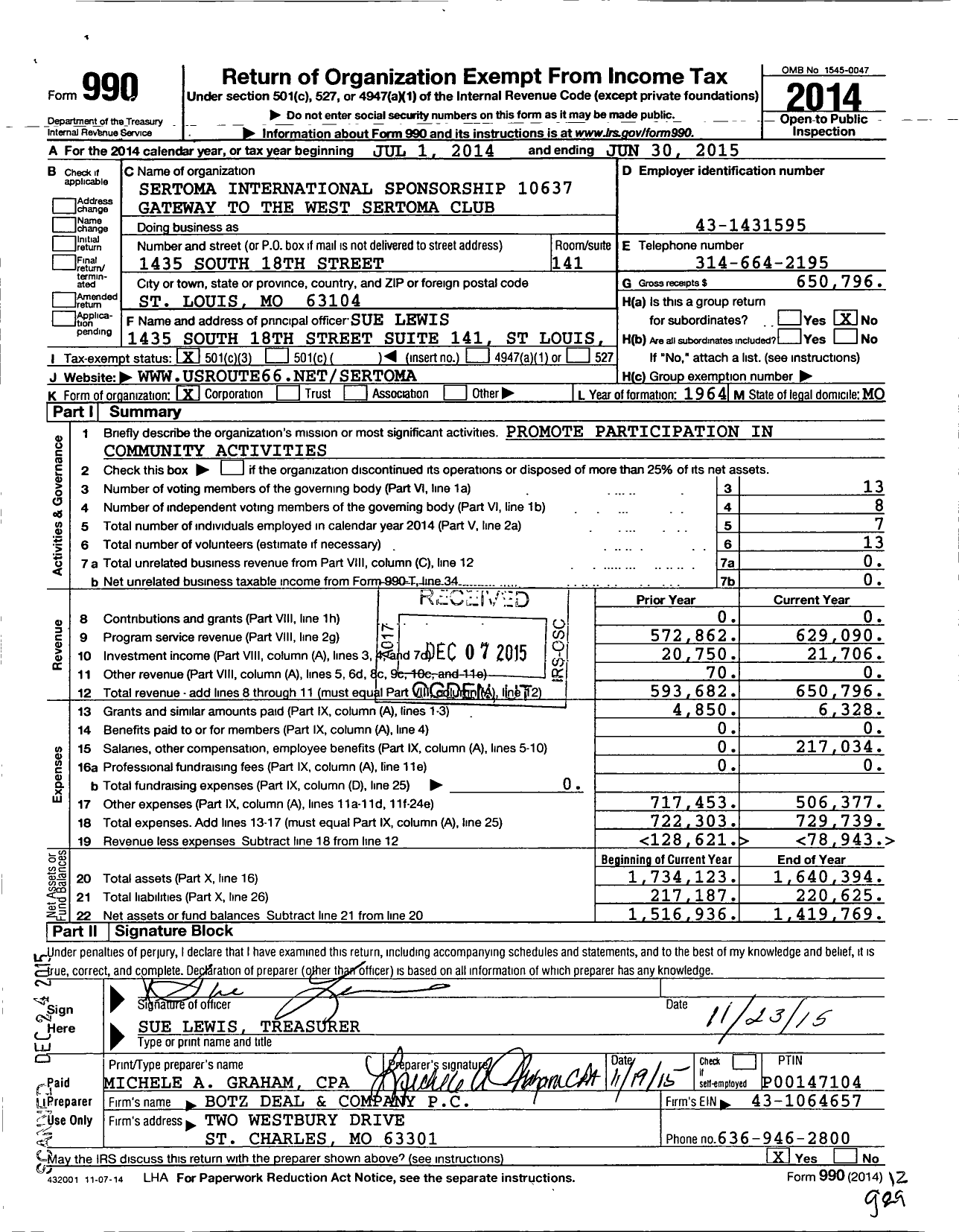 Image of first page of 2014 Form 990 for Sertoma International Sponsorship 10637 Gateway To the West Sertoma Club