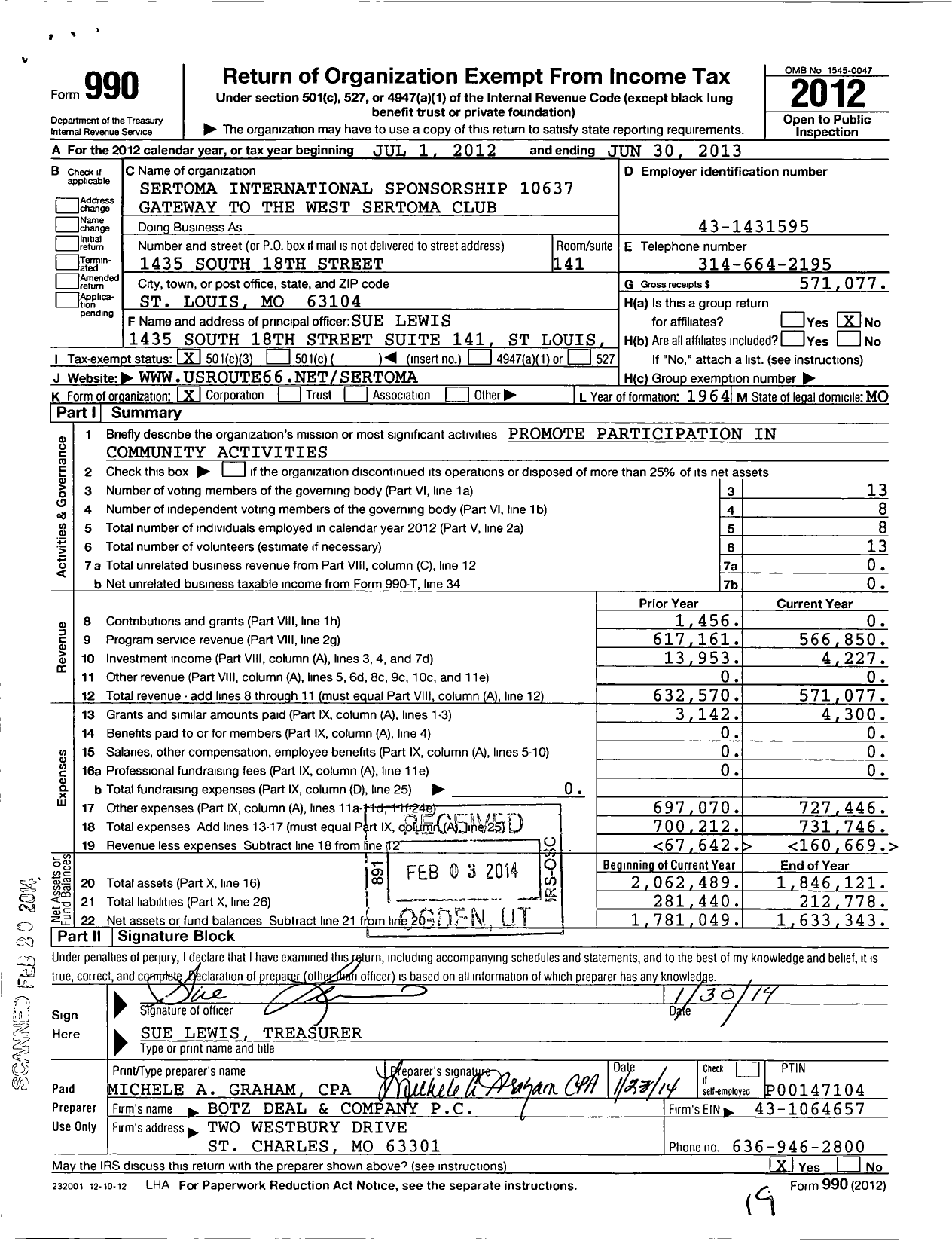 Image of first page of 2012 Form 990 for Sertoma International Sponsorship 10637 Gateway To the West Sertoma Club