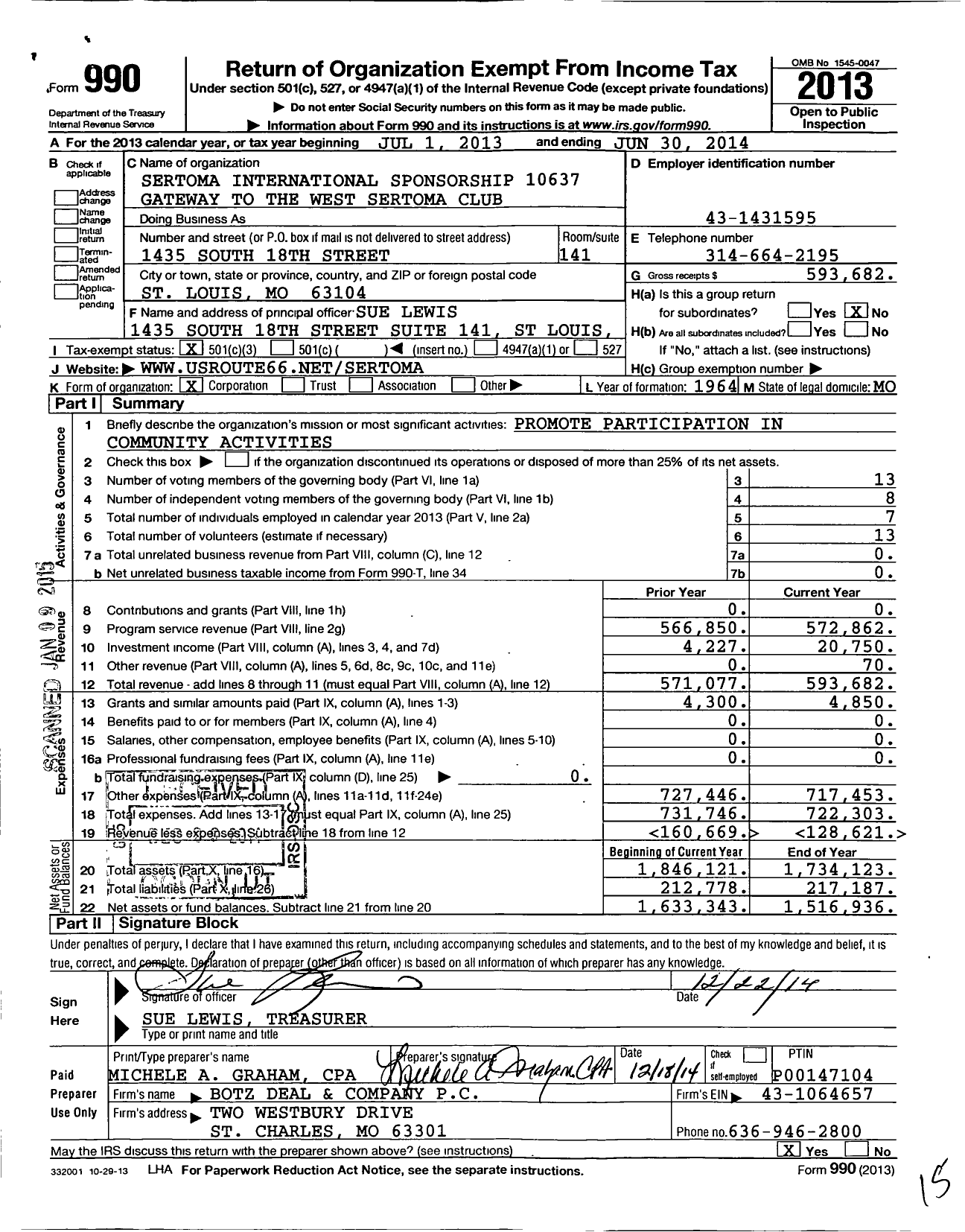 Image of first page of 2013 Form 990 for Sertoma International Sponsorship 10637 Gateway To the West Sertoma Club