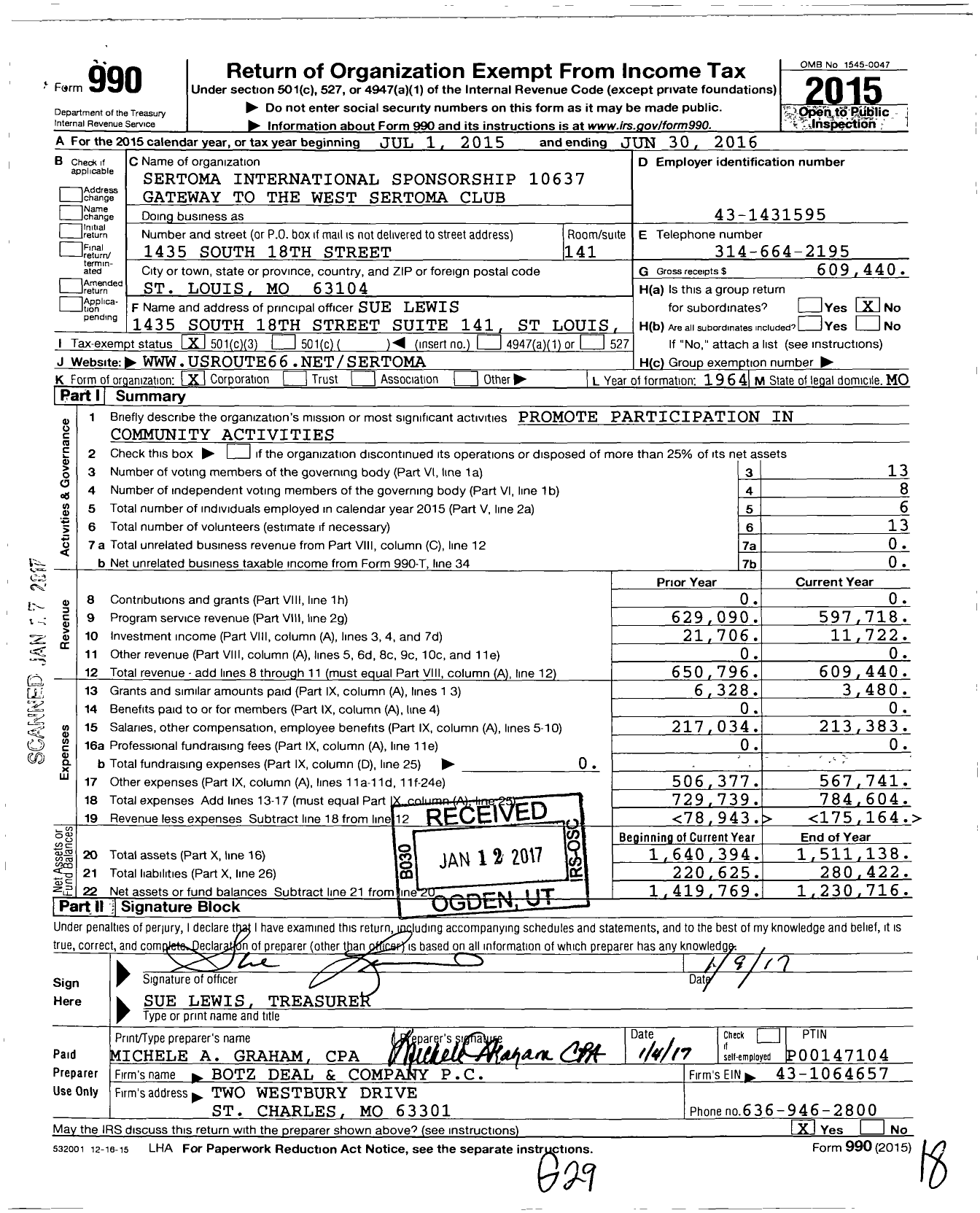 Image of first page of 2015 Form 990 for Sertoma International Sponsorship 10637 Gateway To the West Sertoma Club