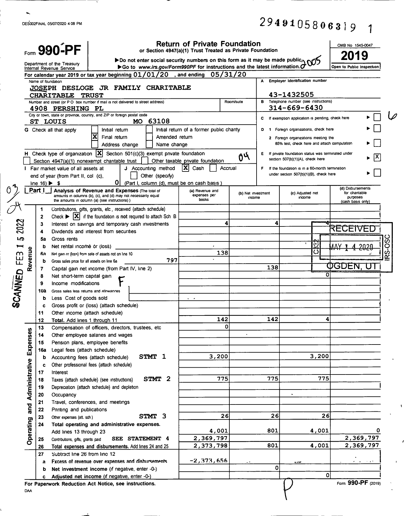 Image of first page of 2019 Form 990PF for The Joseph Desloge JR Family Charitable Trust