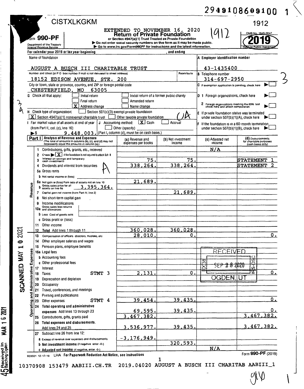 Image of first page of 2019 Form 990PF for August A Busch Iii Charitable Trust