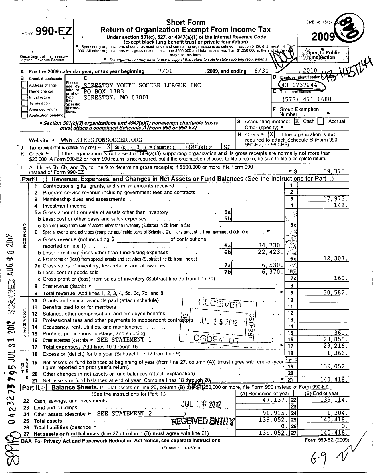 Image of first page of 2009 Form 990EZ for Sikeston Youth Soccer League Incorporated