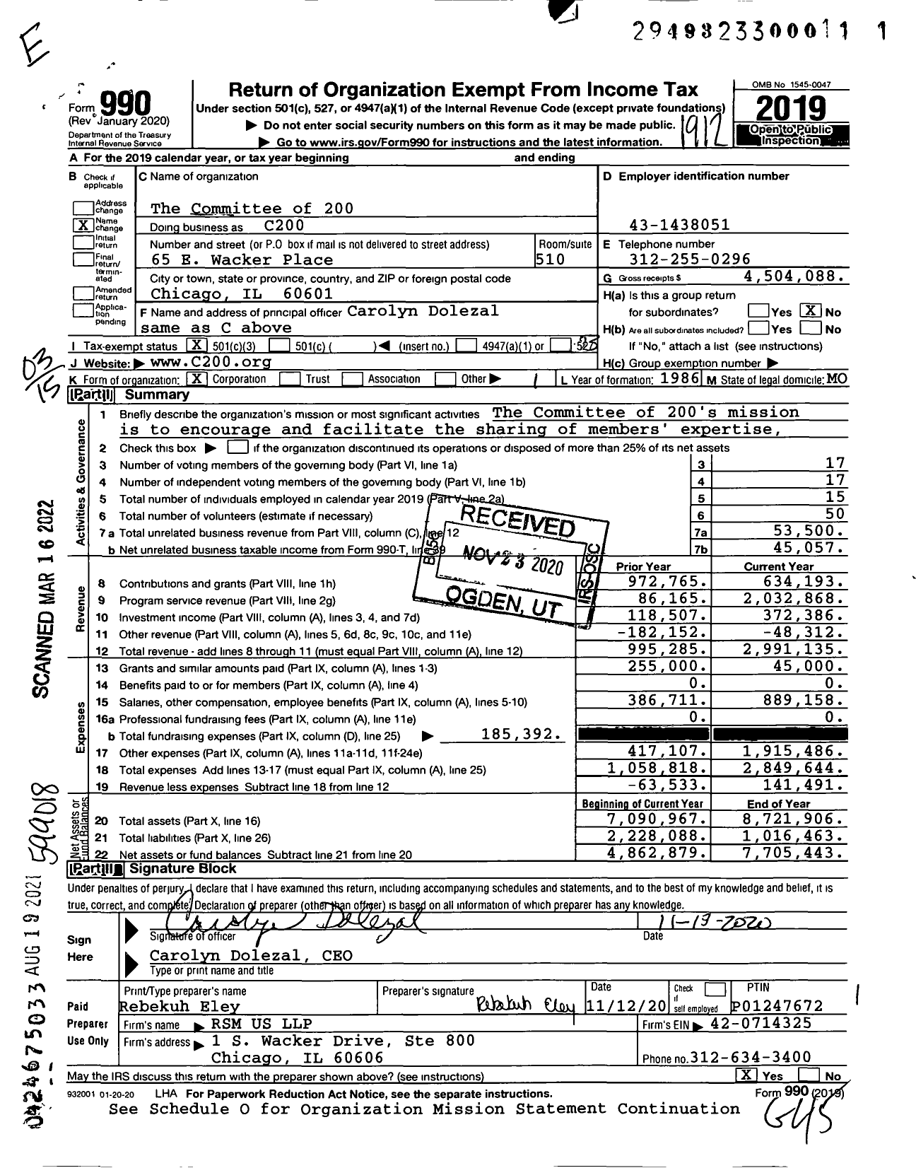 Image of first page of 2019 Form 990 for The Committee of 200