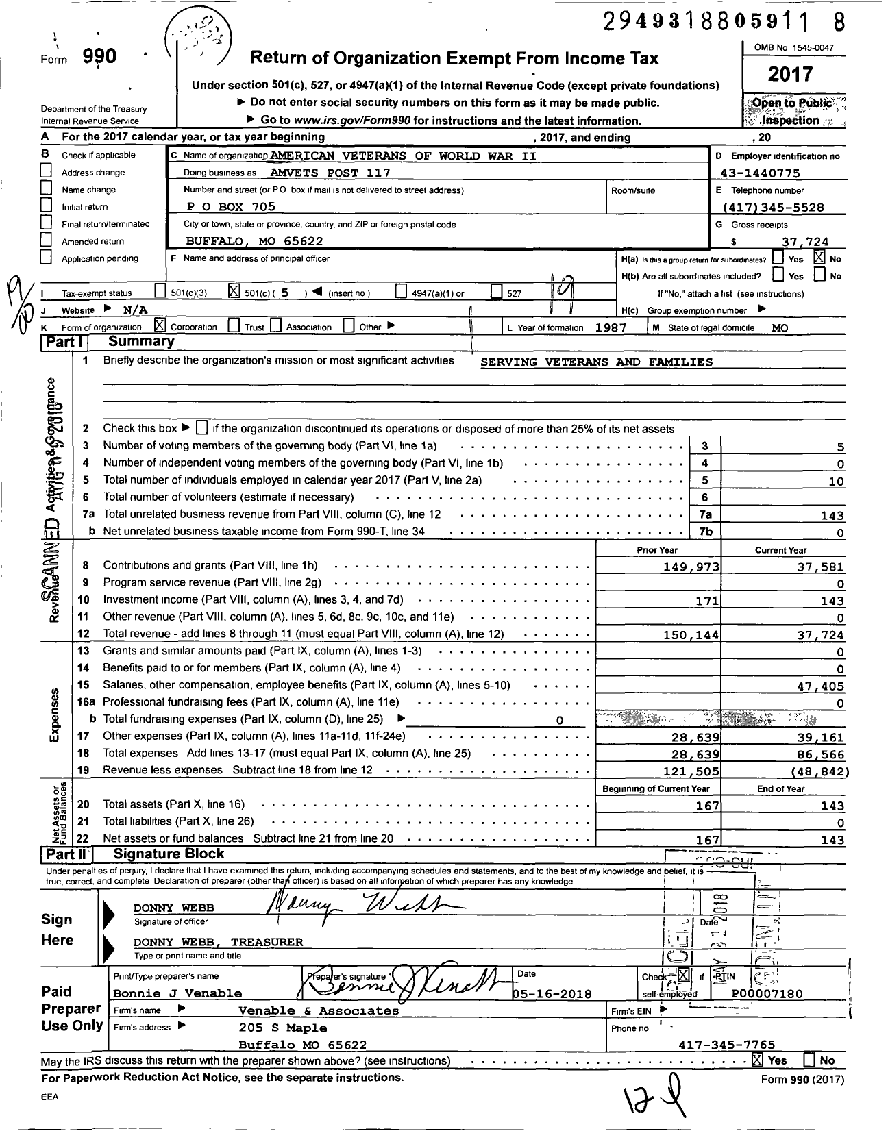 Image of first page of 2017 Form 990O for Amvets - American Veterans of World War Ii Amvets Post 117