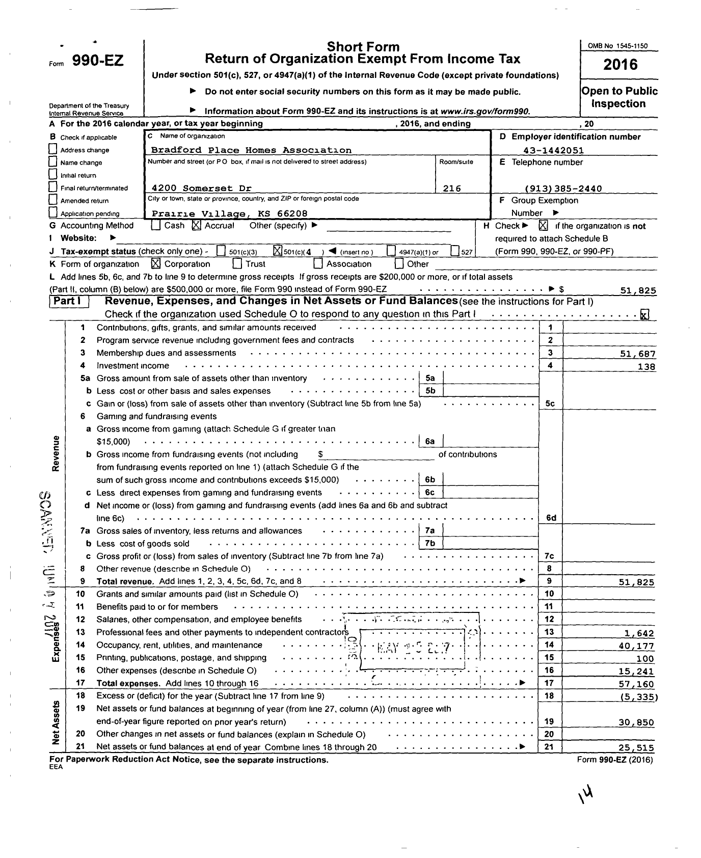 Image of first page of 2016 Form 990EO for Bradford Place Homes Association