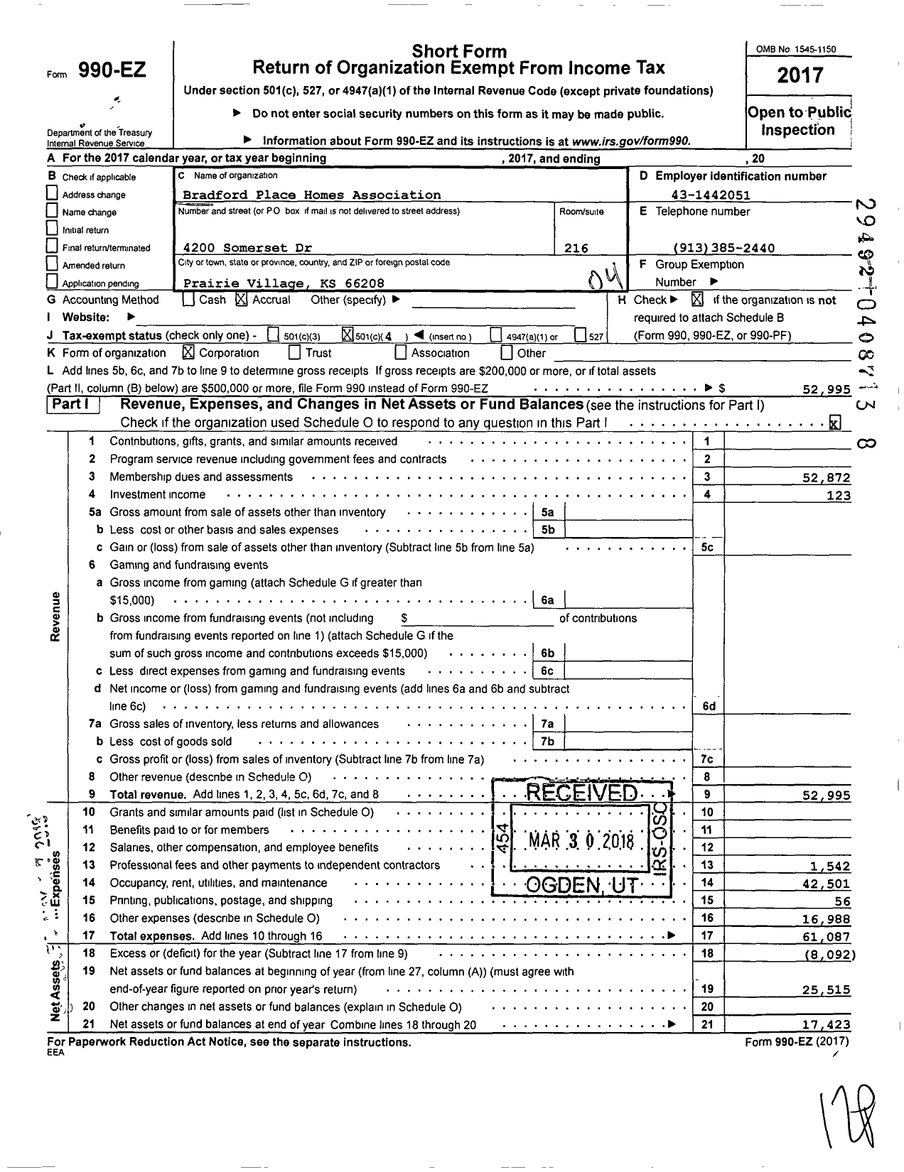Image of first page of 2017 Form 990EO for Bradford Place Homes Association