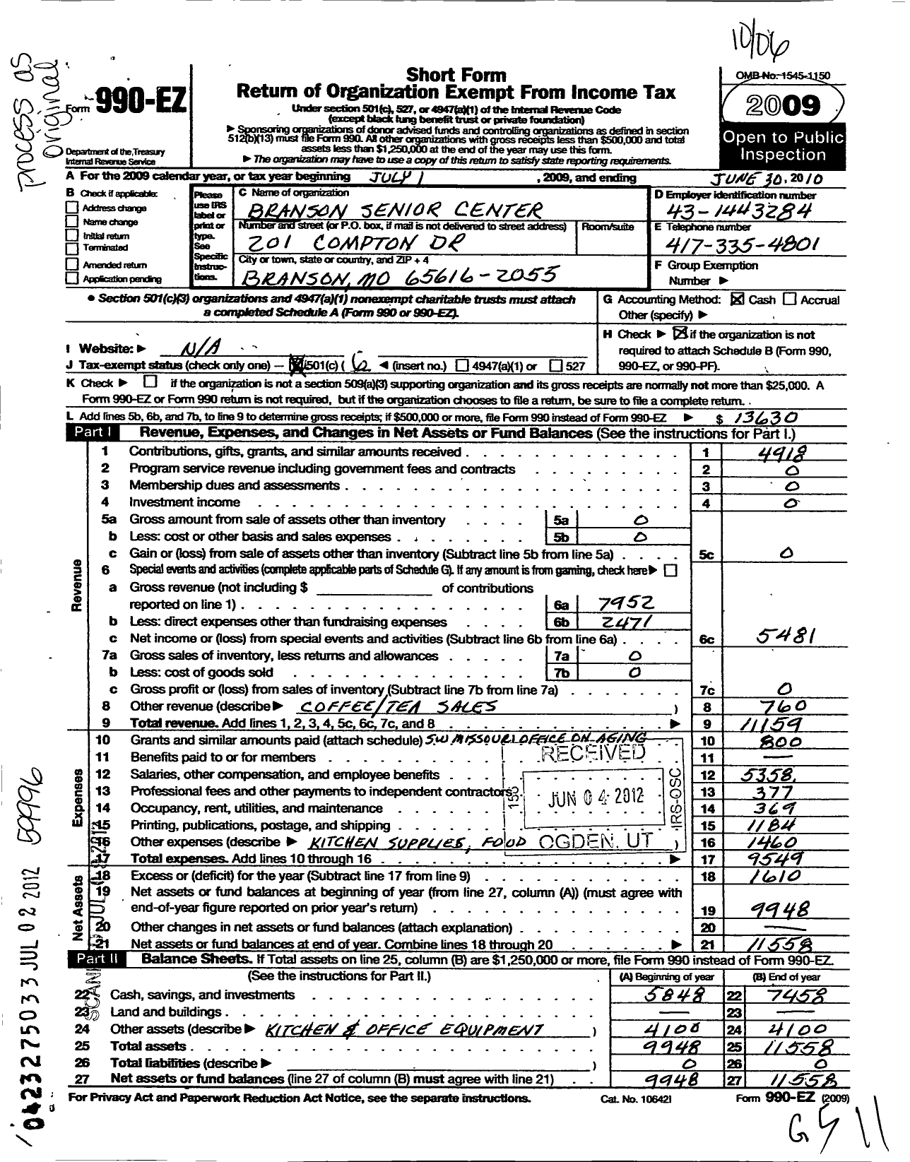 Image of first page of 2009 Form 990EO for Branson Senior Center