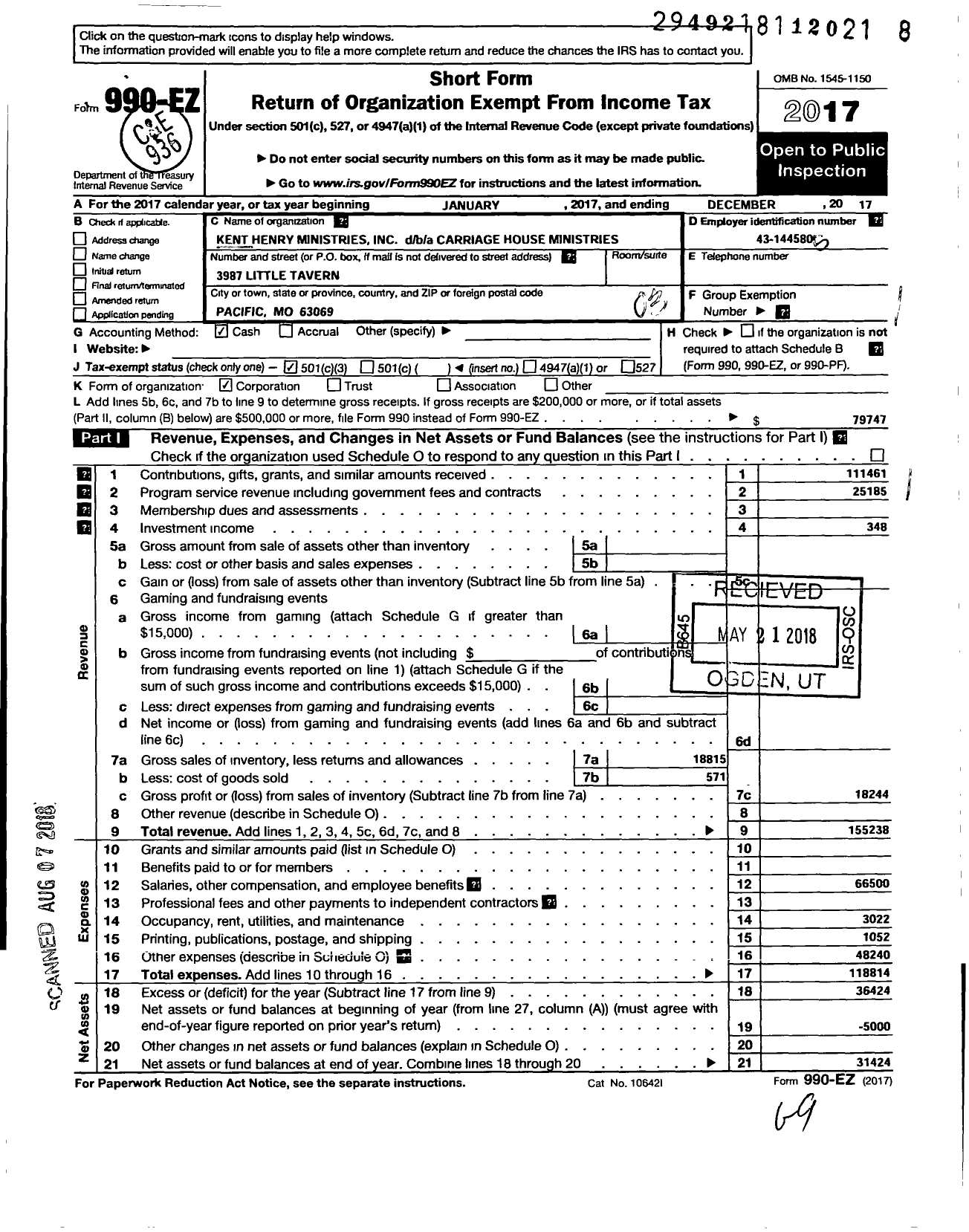 Image of first page of 2017 Form 990EZ for Carriage House Ministries