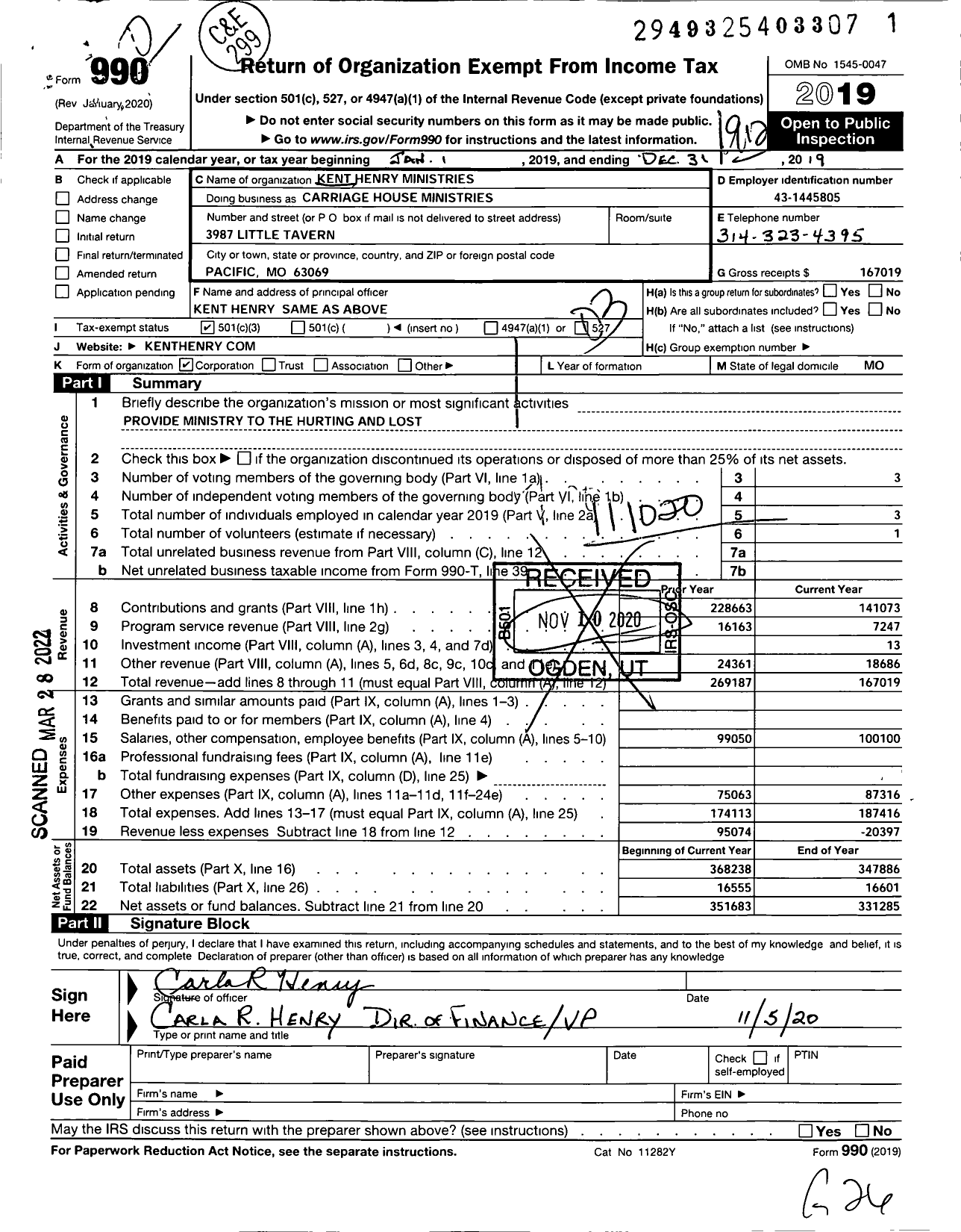 Image of first page of 2019 Form 990 for Carriage House Ministries