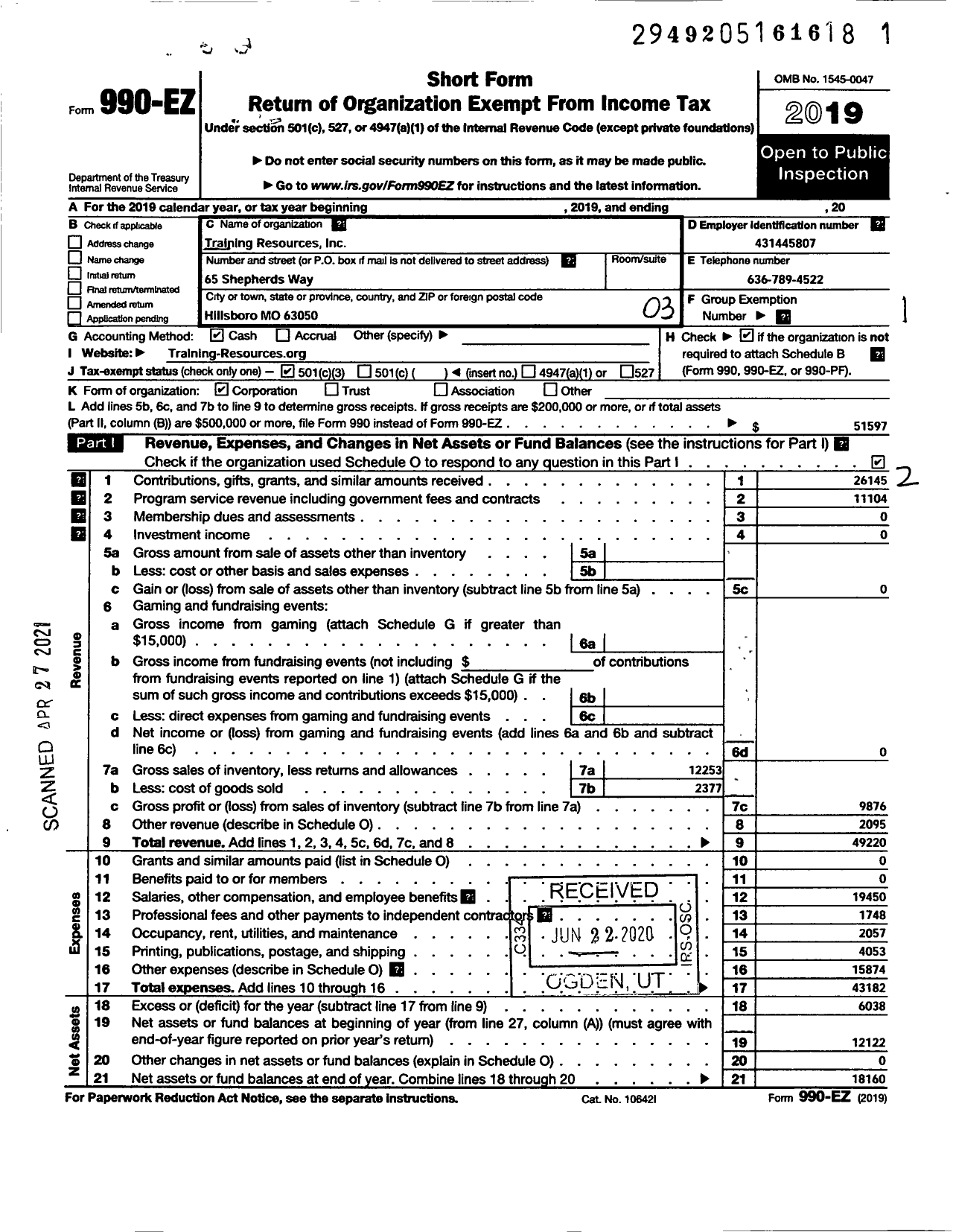 Image of first page of 2019 Form 990EZ for Training Resources