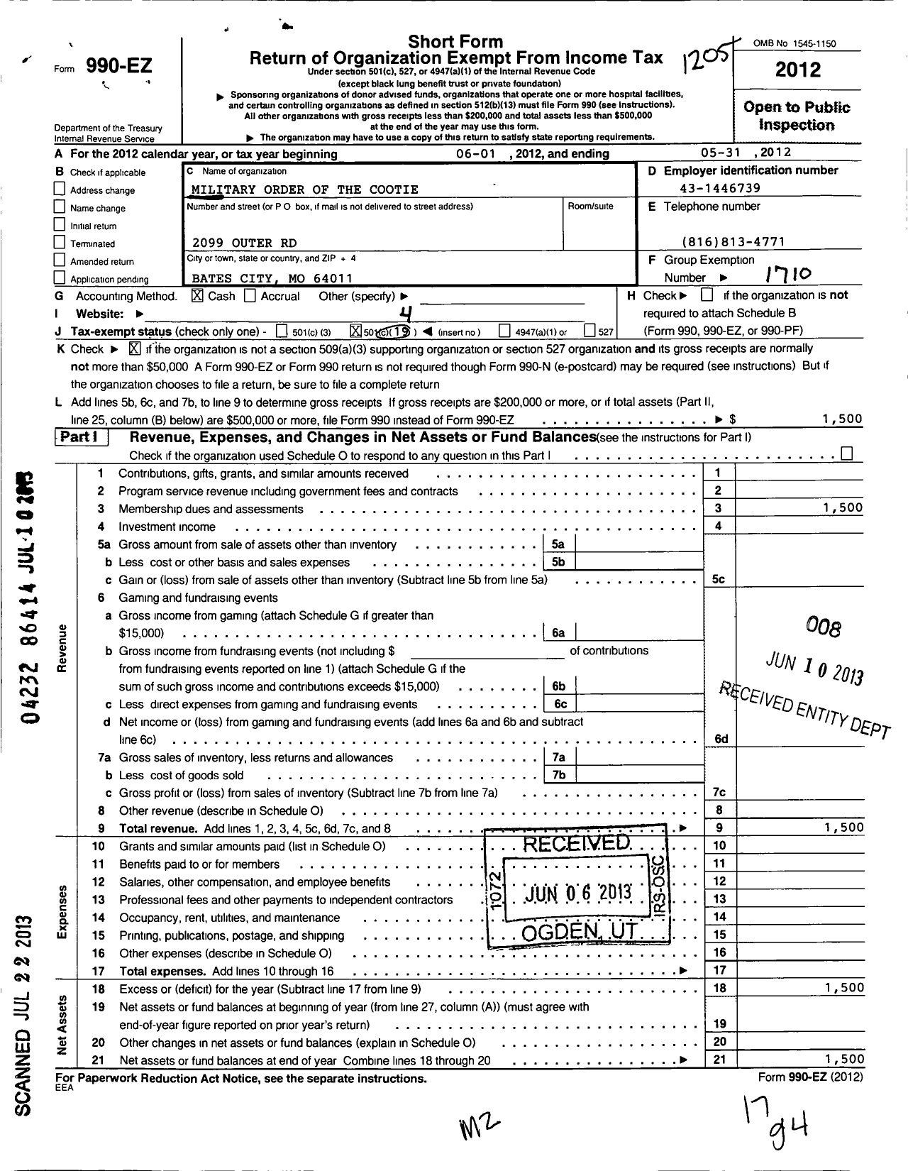 Image of first page of 2011 Form 990EO for Military Order of the Cootie of the United States / Grand of Missouri