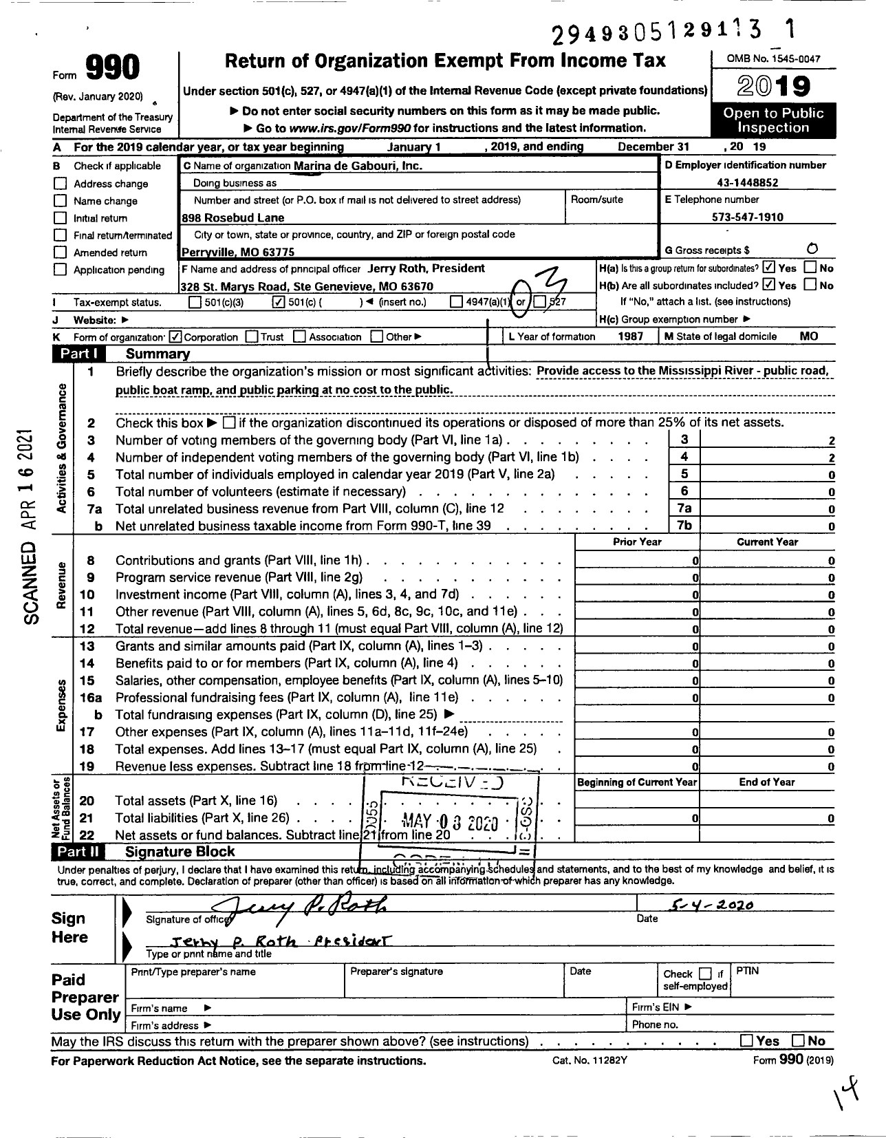 Image of first page of 2019 Form 990 for Marina de Gabouri