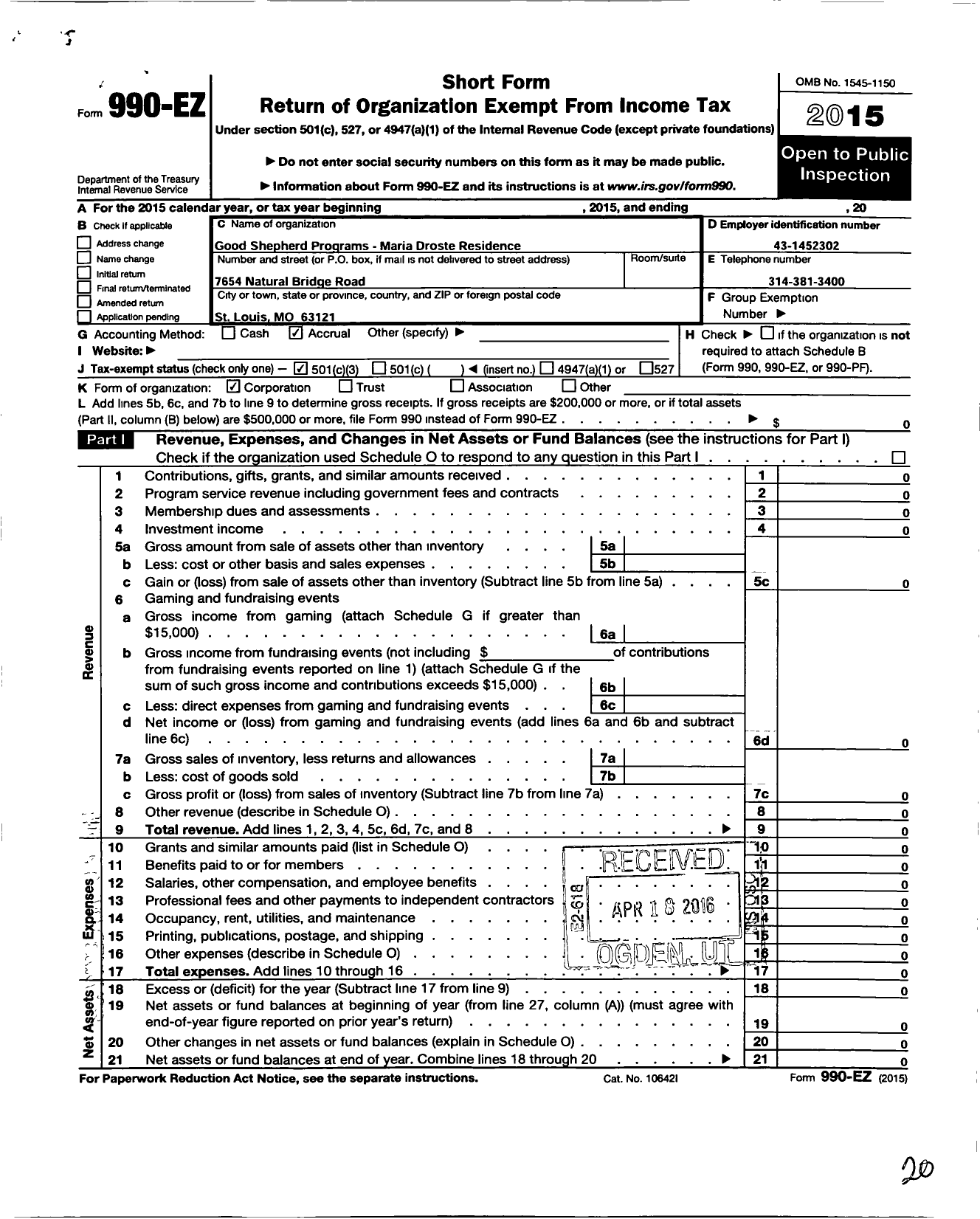 Image of first page of 2015 Form 990EZ for Good Shepherd Programs