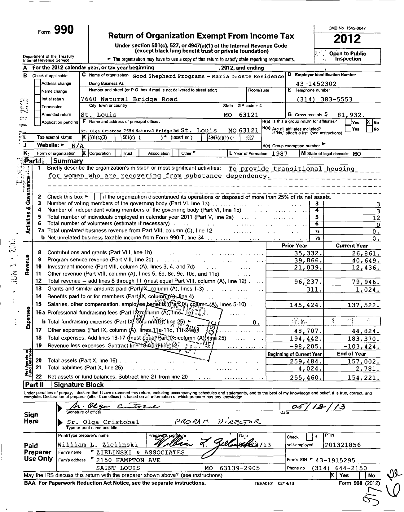 Image of first page of 2012 Form 990 for Good Shepherd Programs