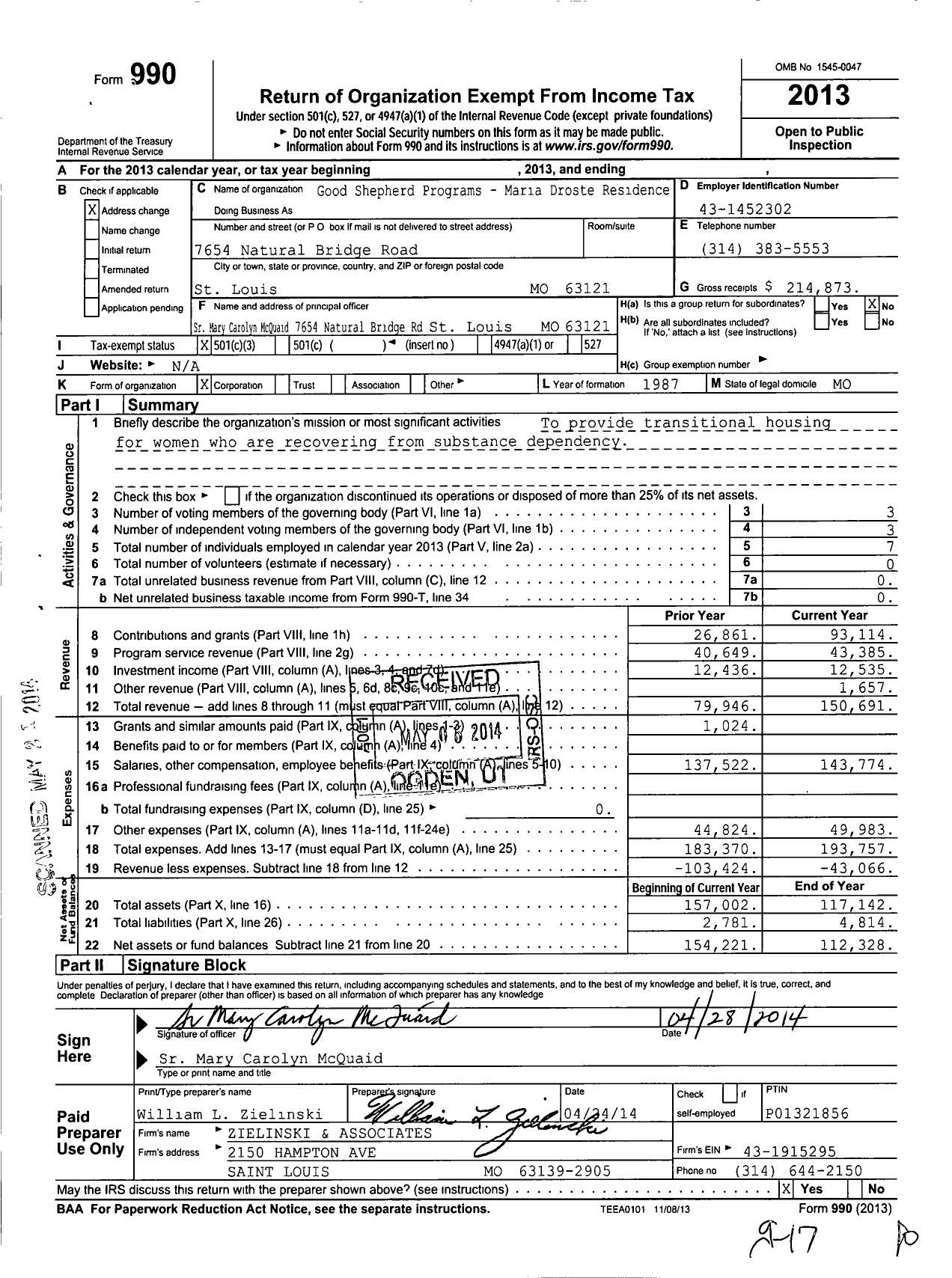 Image of first page of 2013 Form 990 for Good Shepherd Programs