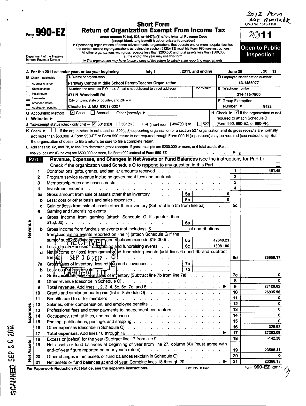 Image of first page of 2011 Form 990EZ for Parkway School District Parent Teachers Organization Council / Parkway Central Middle Pto