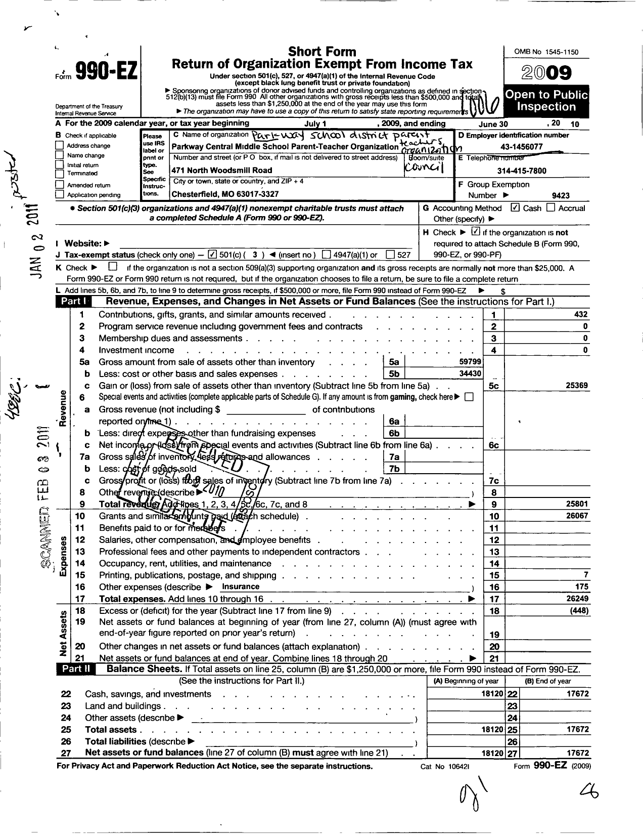 Image of first page of 2009 Form 990EZ for Parkway School District Parent Teachers Organization Council / Parkway Central Middle Pto