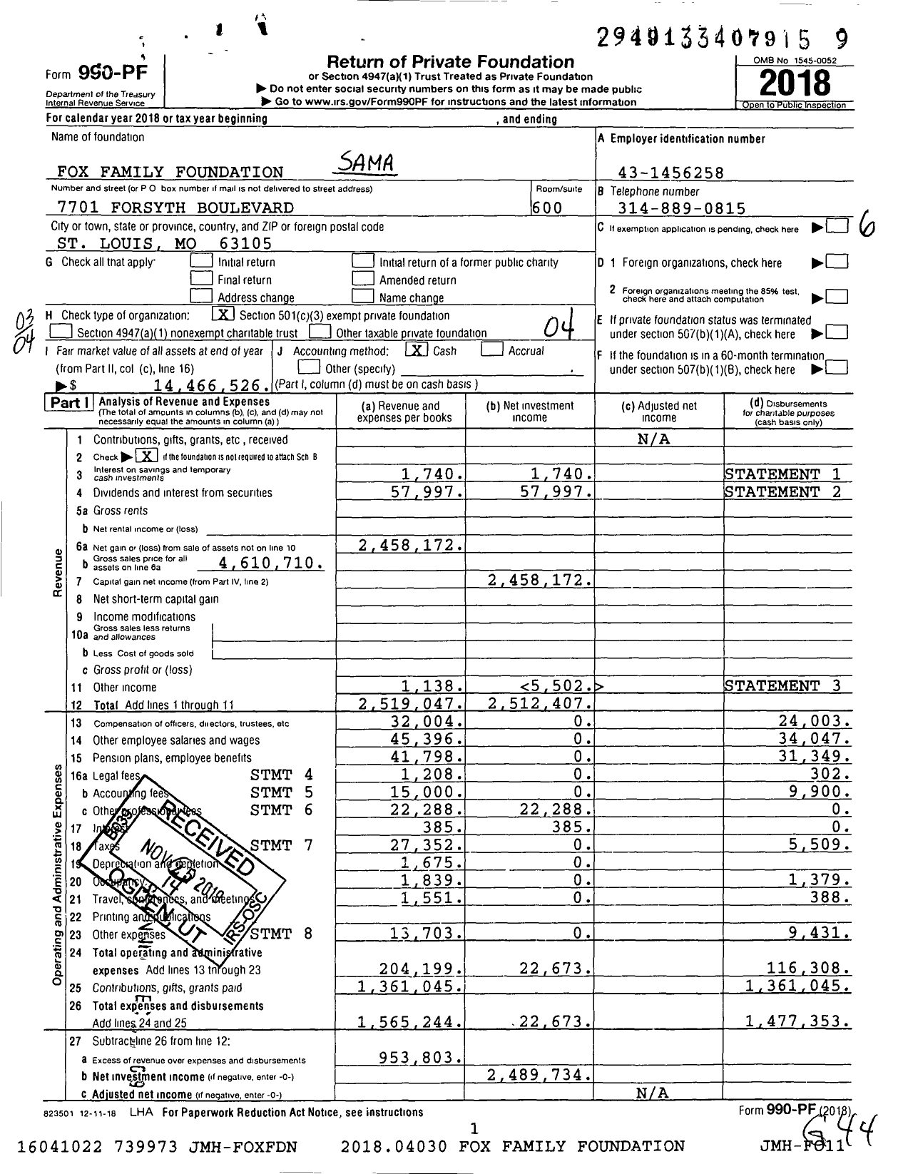 Image of first page of 2018 Form 990PF for Sam and Marilyn Fox Foundation