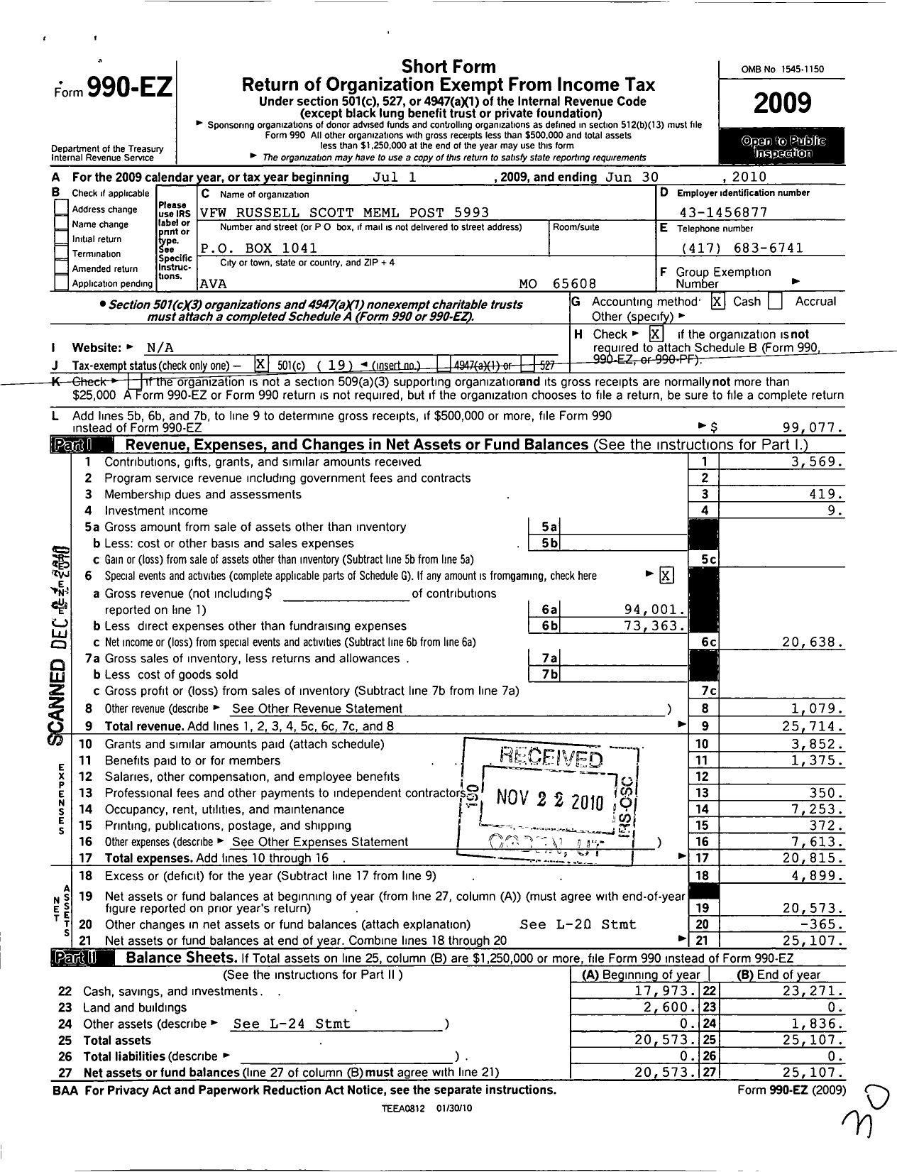 Image of first page of 2009 Form 990EO for VFW Missouri - VFW Russell T Scott Post 5993